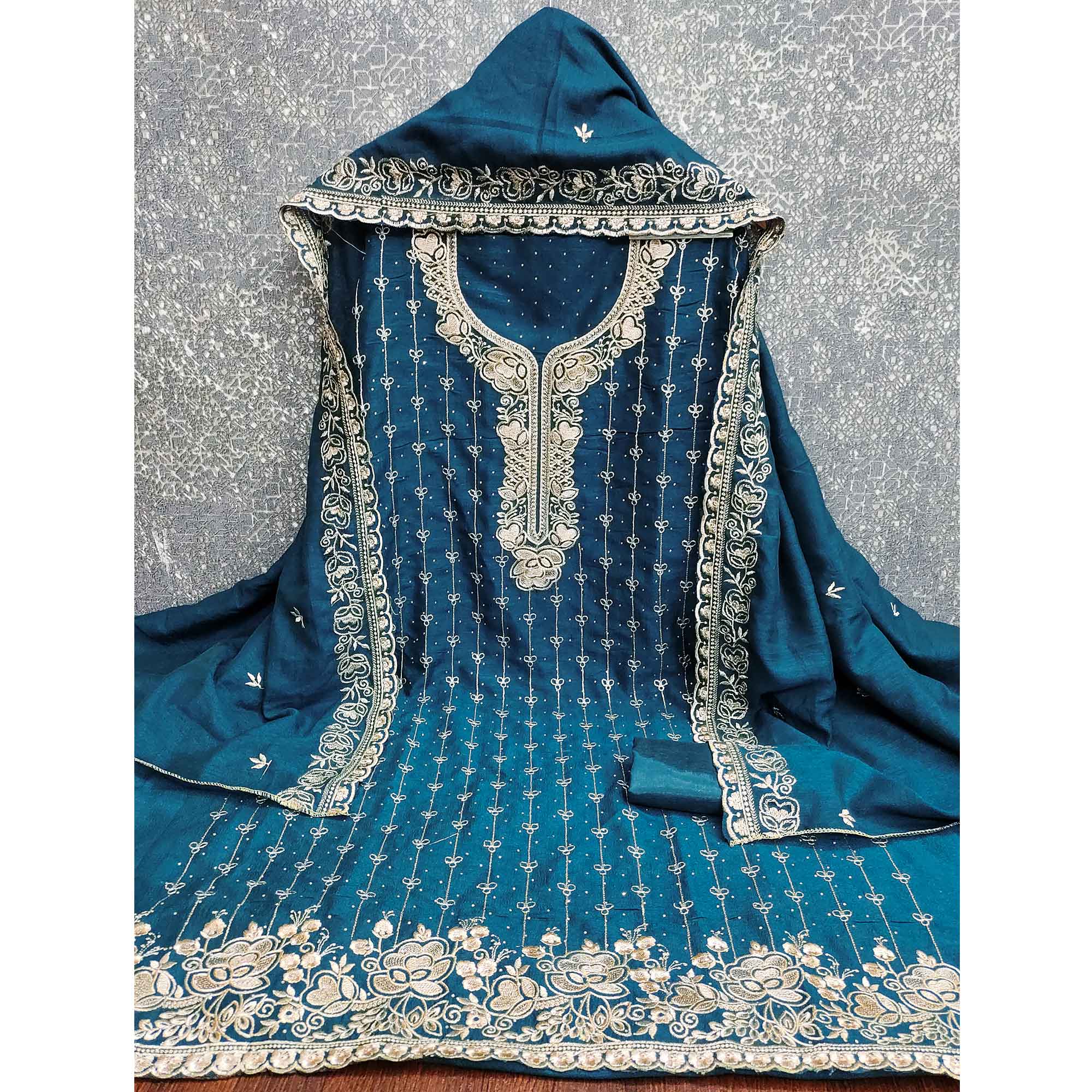 Regal Blue Floral Embroidered Vichitra Silk Dress Material With Dazzling Swarovski Work Detailing