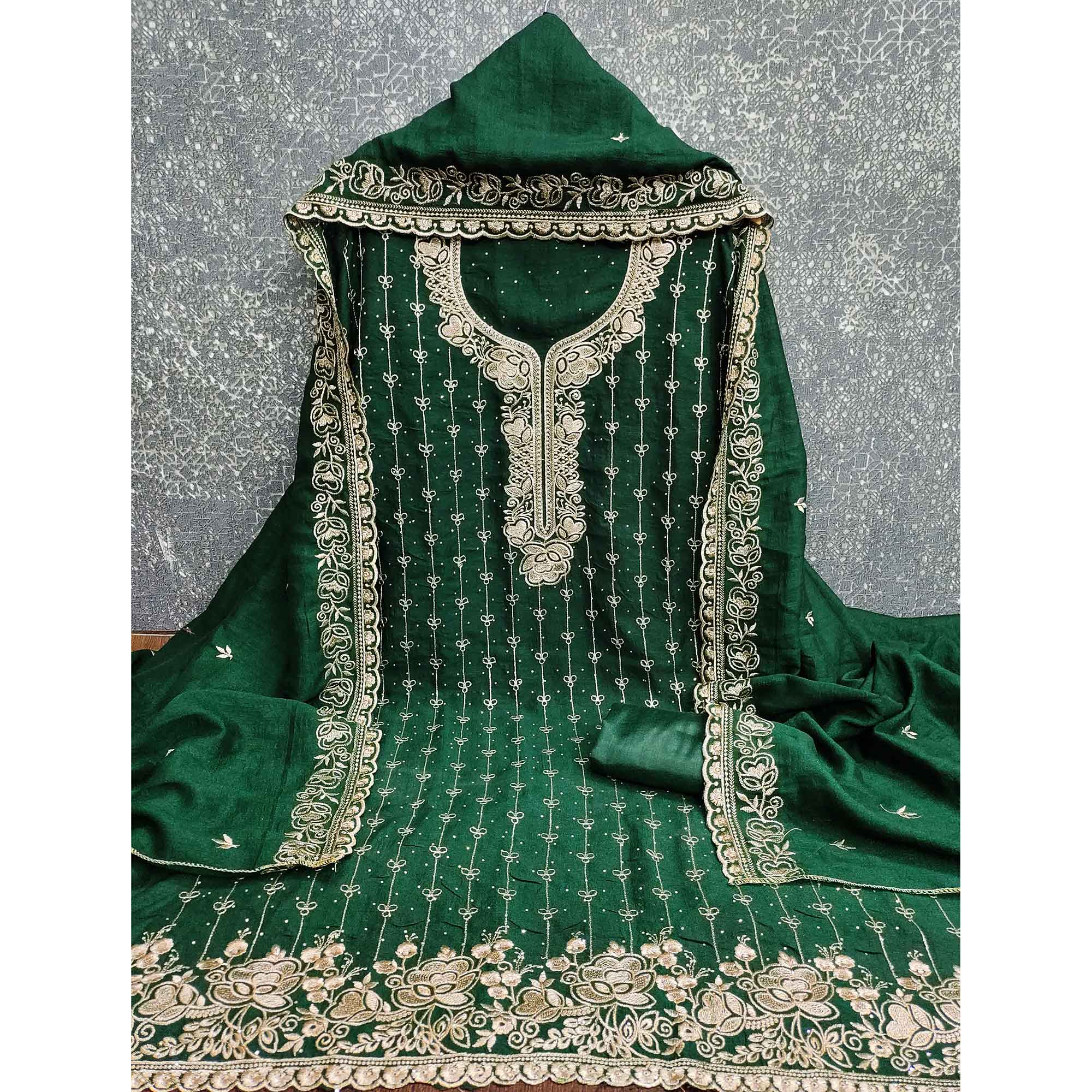 Regal Green Floral Embroidered Vichitra Silk Dress Material With Dazzling Swarovski Work Detailing