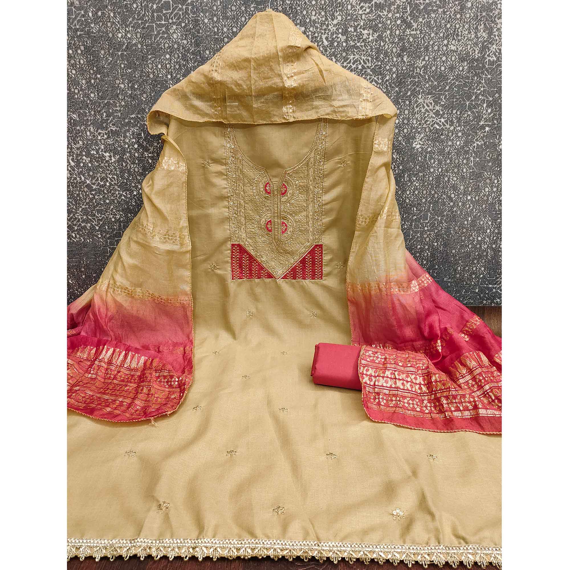 Classic Chikoo Floral Embroidered Cotton Blend Dress Material With Shimmering Sequins Work