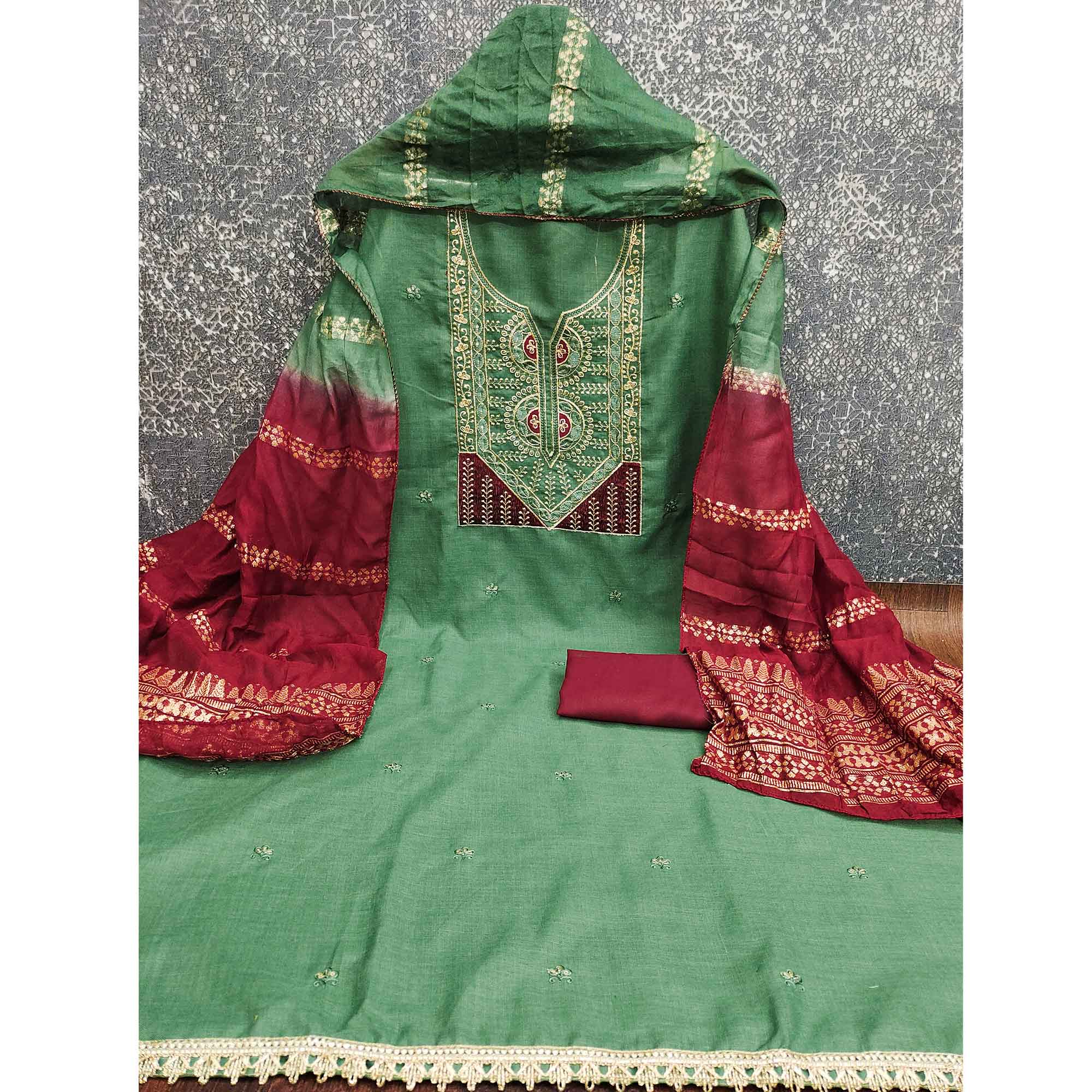 Classic Green Floral Embroidered Cotton Blend Dress Material With Shimmering Sequins Work