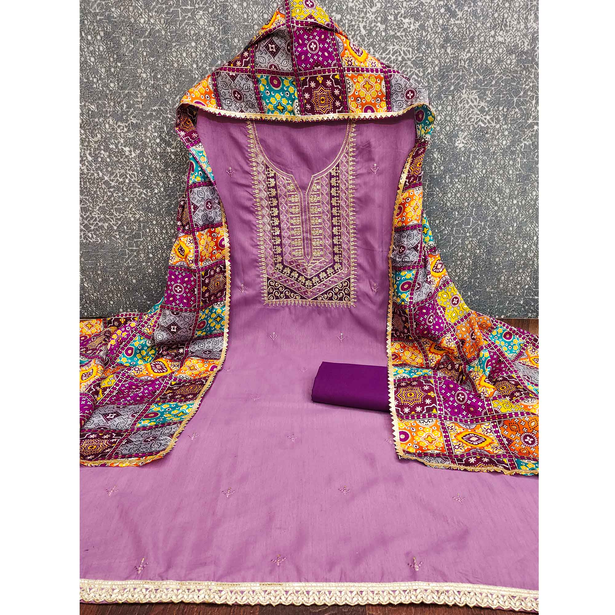Stylish Purple Cotton Blend Dress Material Enriched With Floral Embroidery & Sequins Work