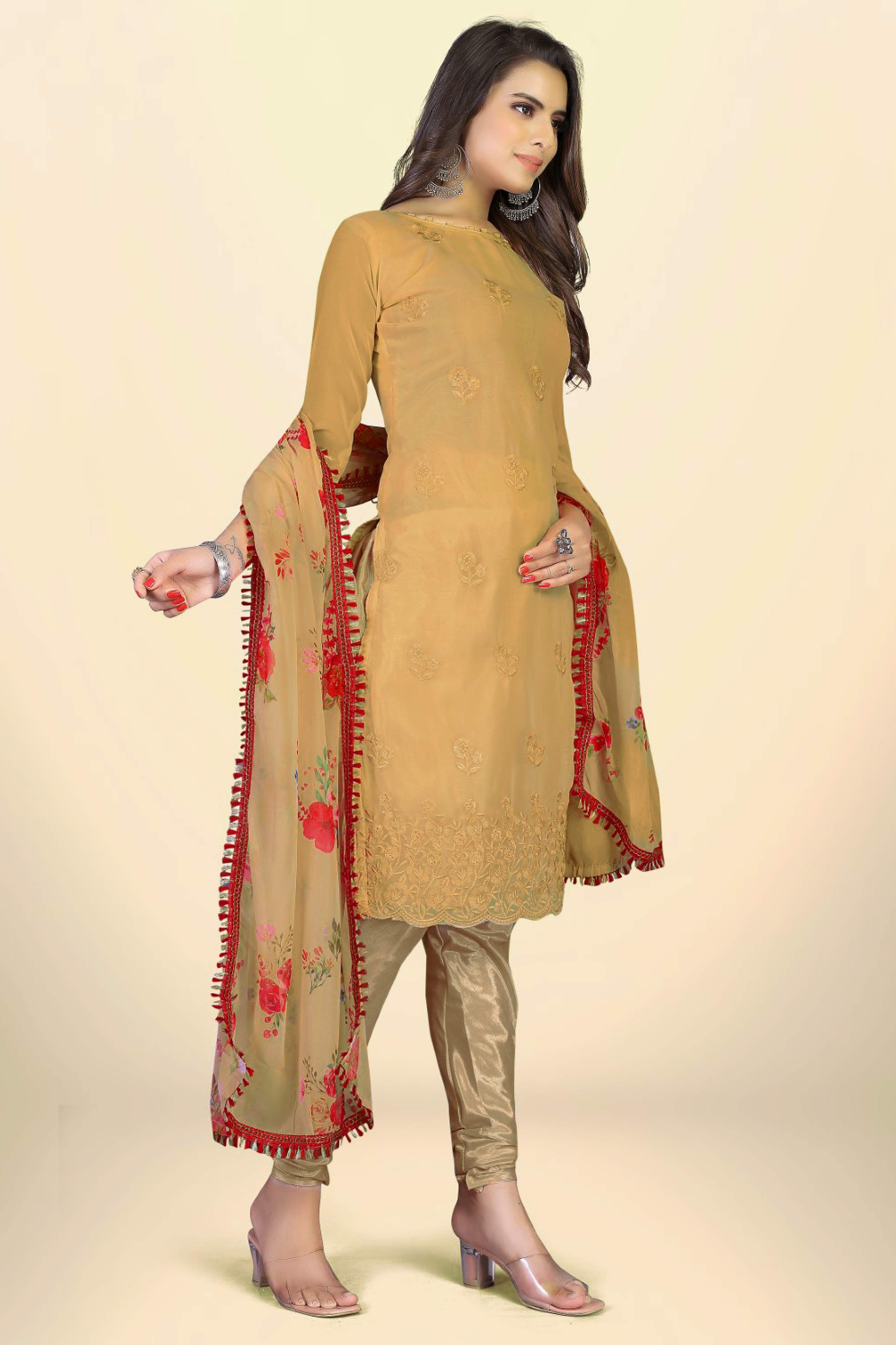 Chikoo Georgette Dress Material With Intricate Floral Thread Embroidery