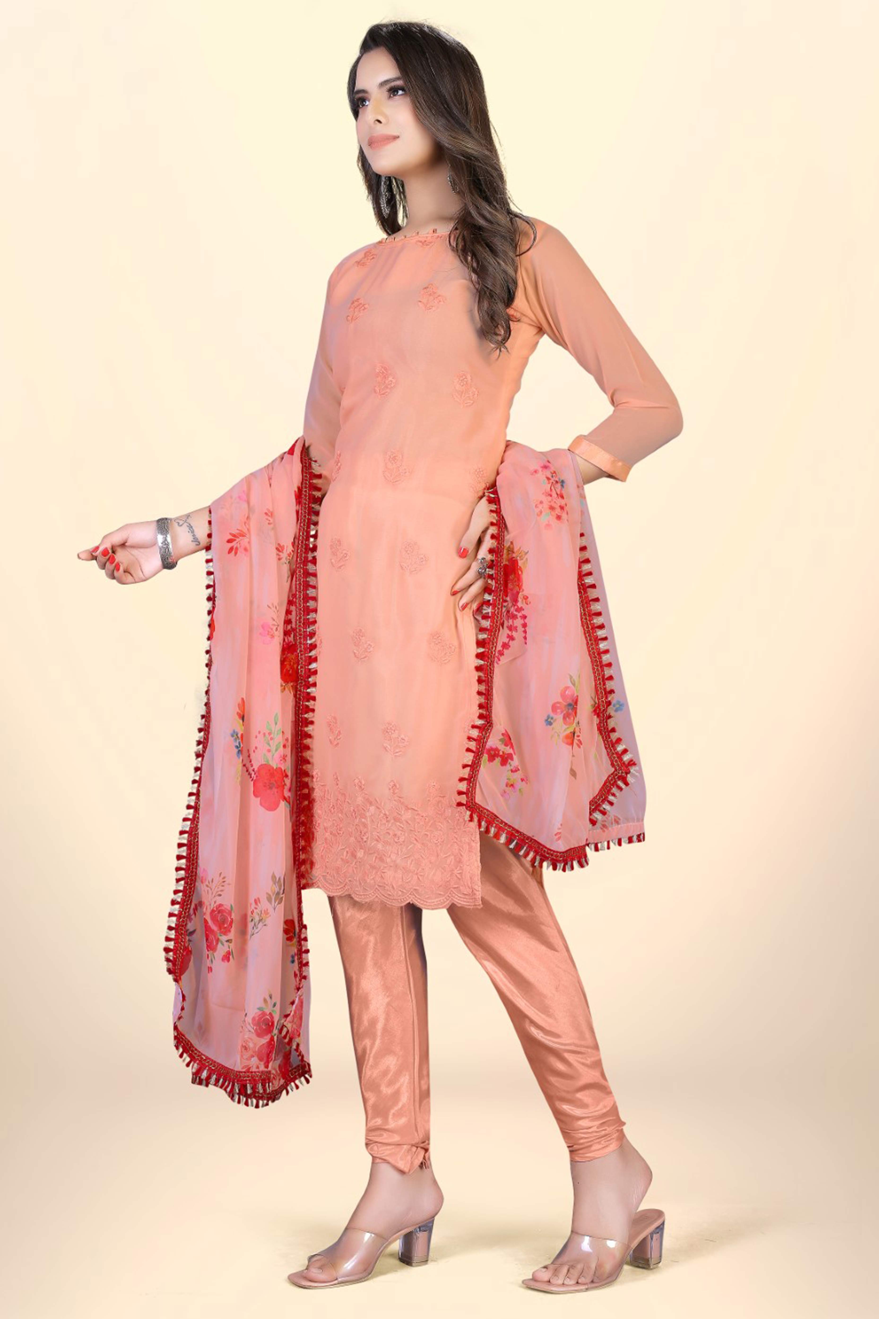 Peach Georgette Dress Material With Intricate Floral Thread Embroidery