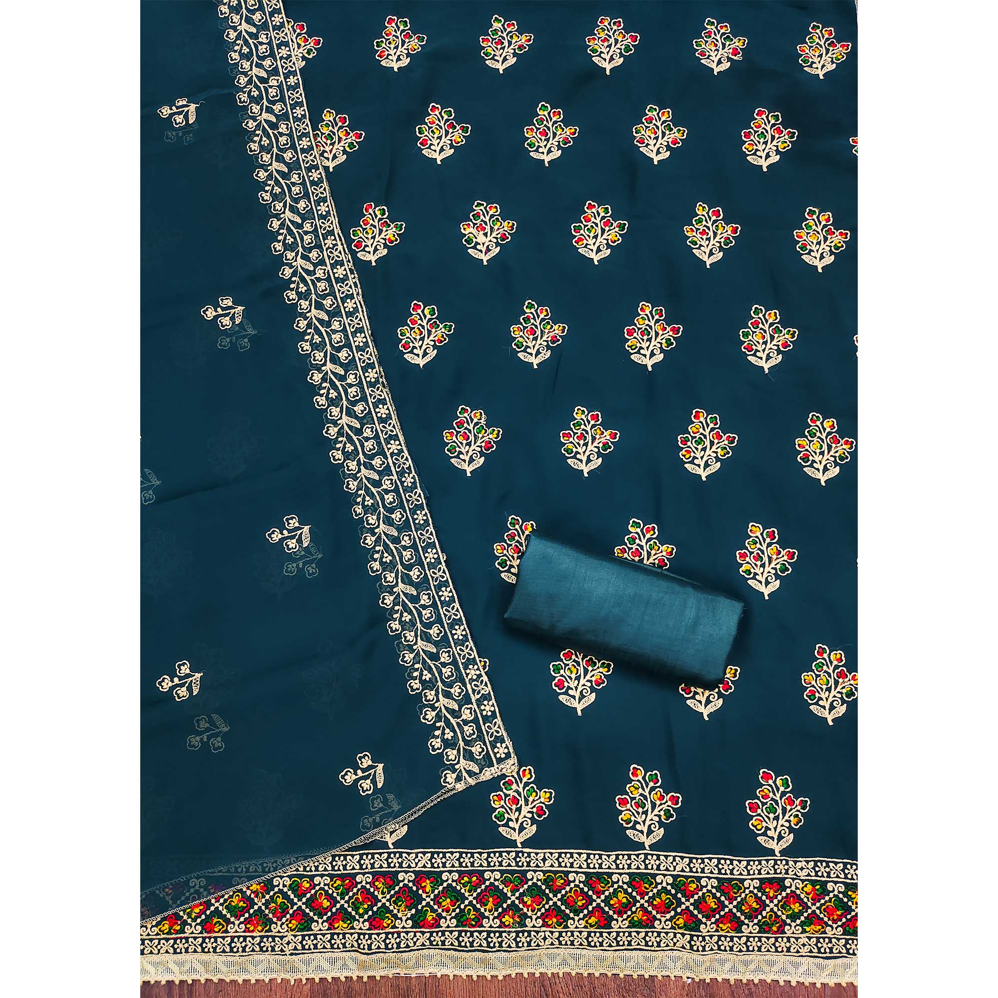 Teal Blue Floral Embroidered Georgette Dress Material