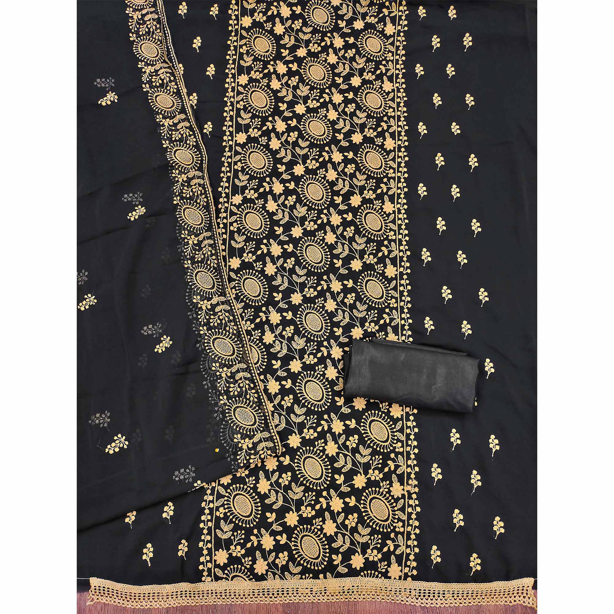 Black Floral Embroidered Georgette Dress Material