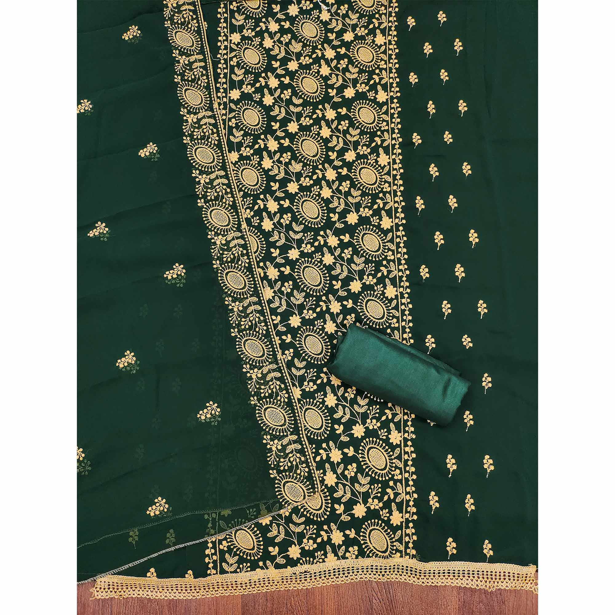 Green Floral Embroidered Georgette Dress Material