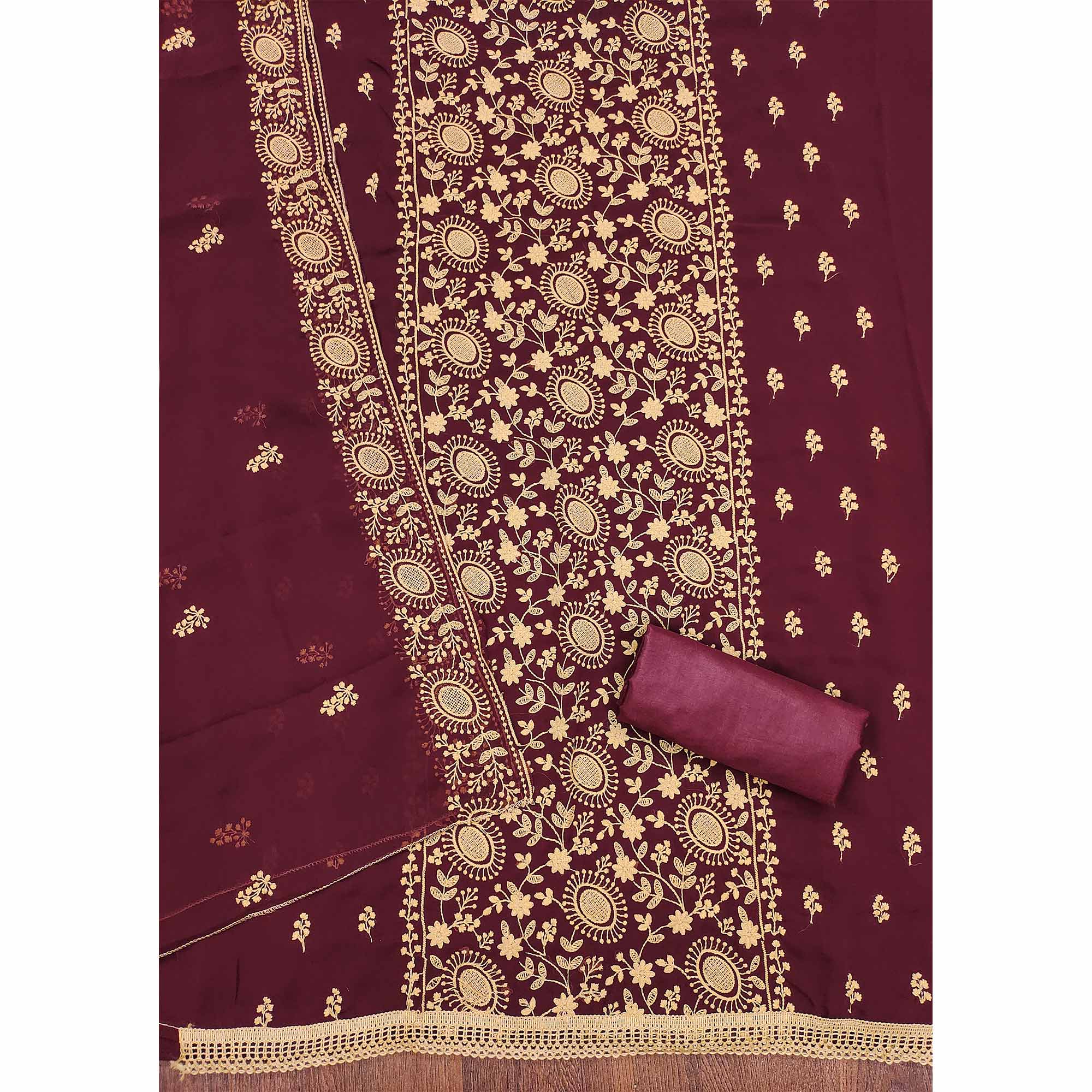 Maroon Floral Embroidered Georgette Dress Material