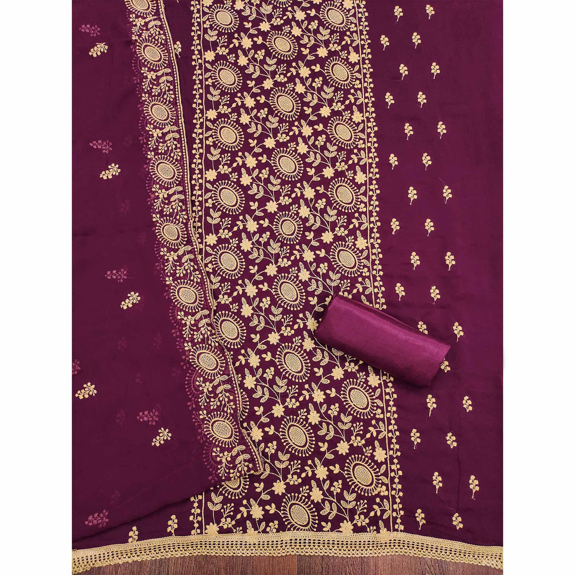 Purple Floral Embroidered Georgette Dress Material