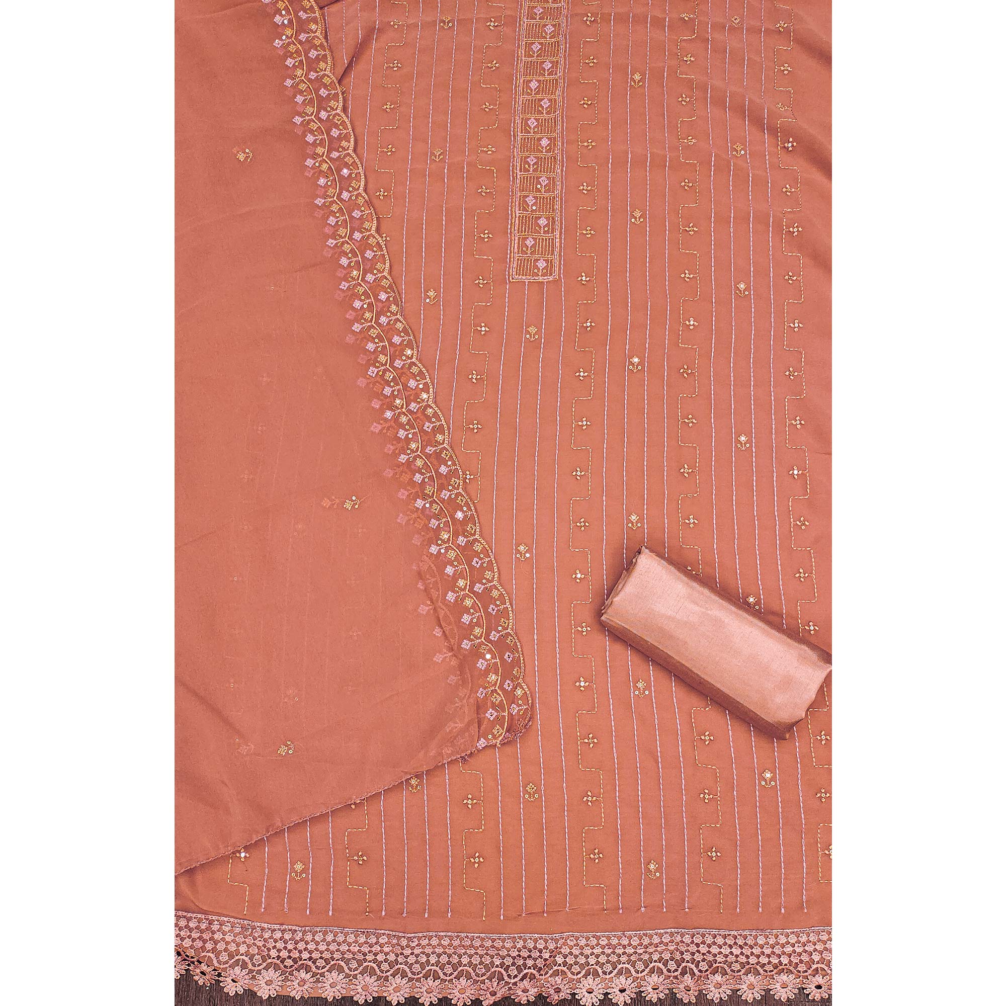 Dusty Orange Sequins Embroidered Georgette Dress Material