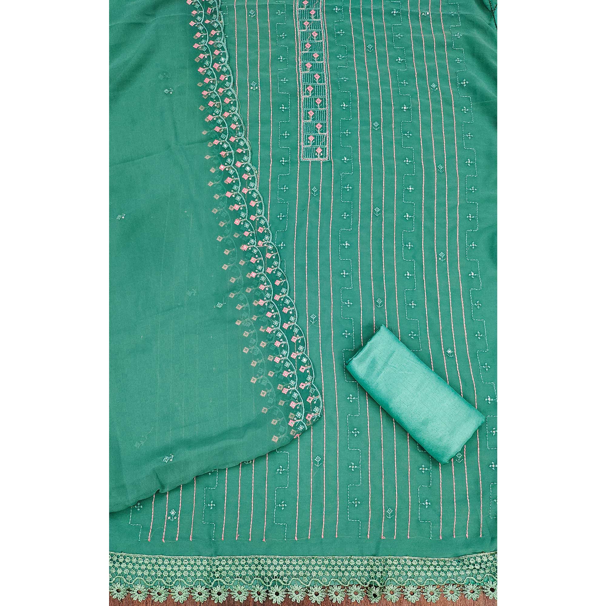 Rama Green Sequins Embroidered Georgette Dress Material