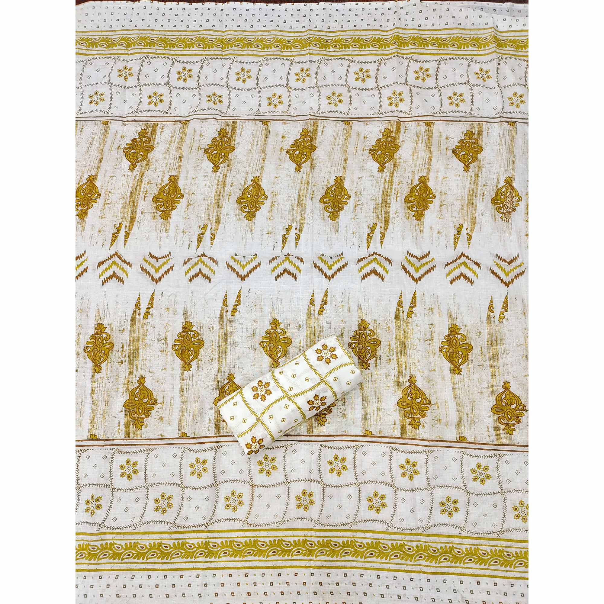 Olive Printed With Embroidered Cotton Blend Dress Material