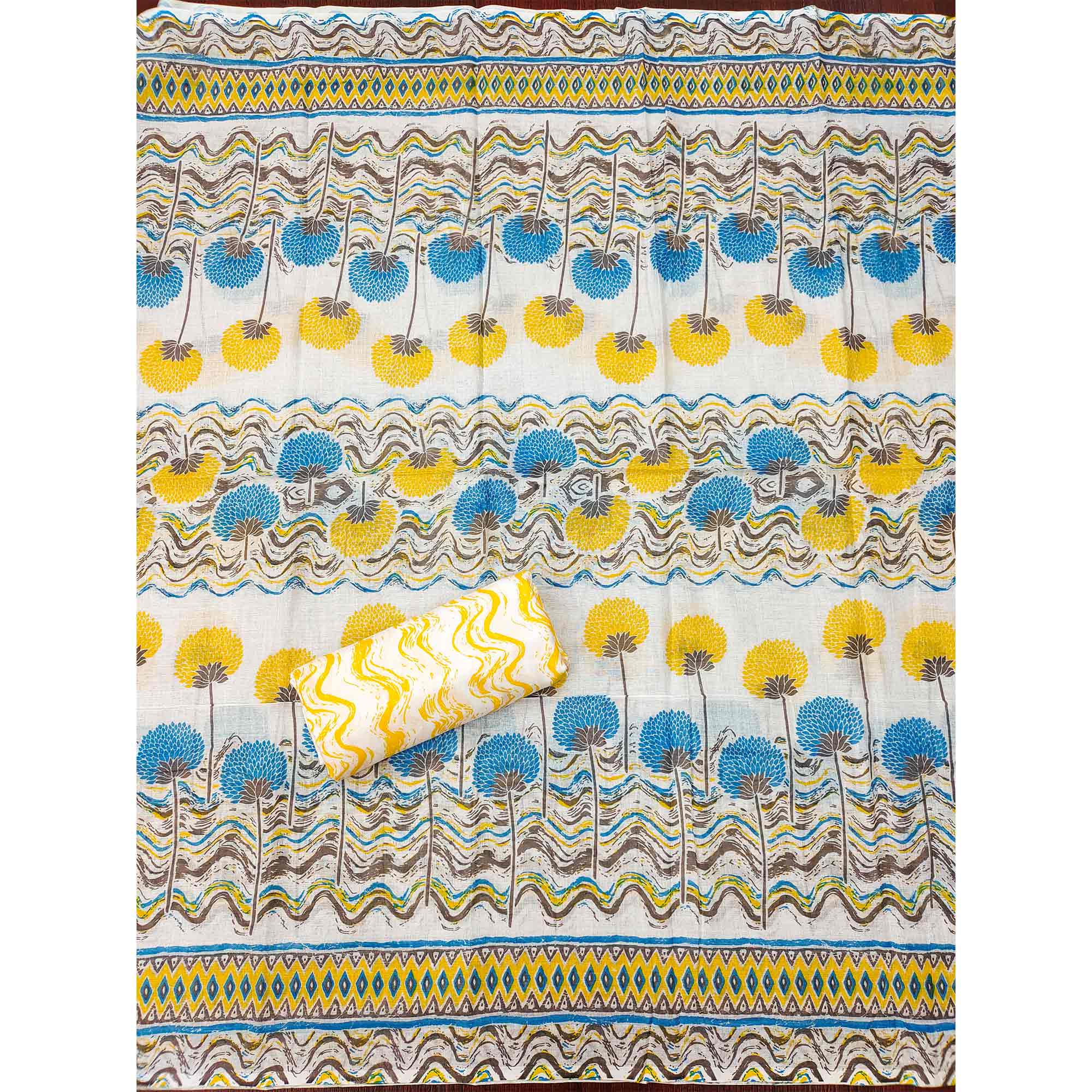Yellow & Blue Floral Printed With Embroidered Cotton Blend Dress Material