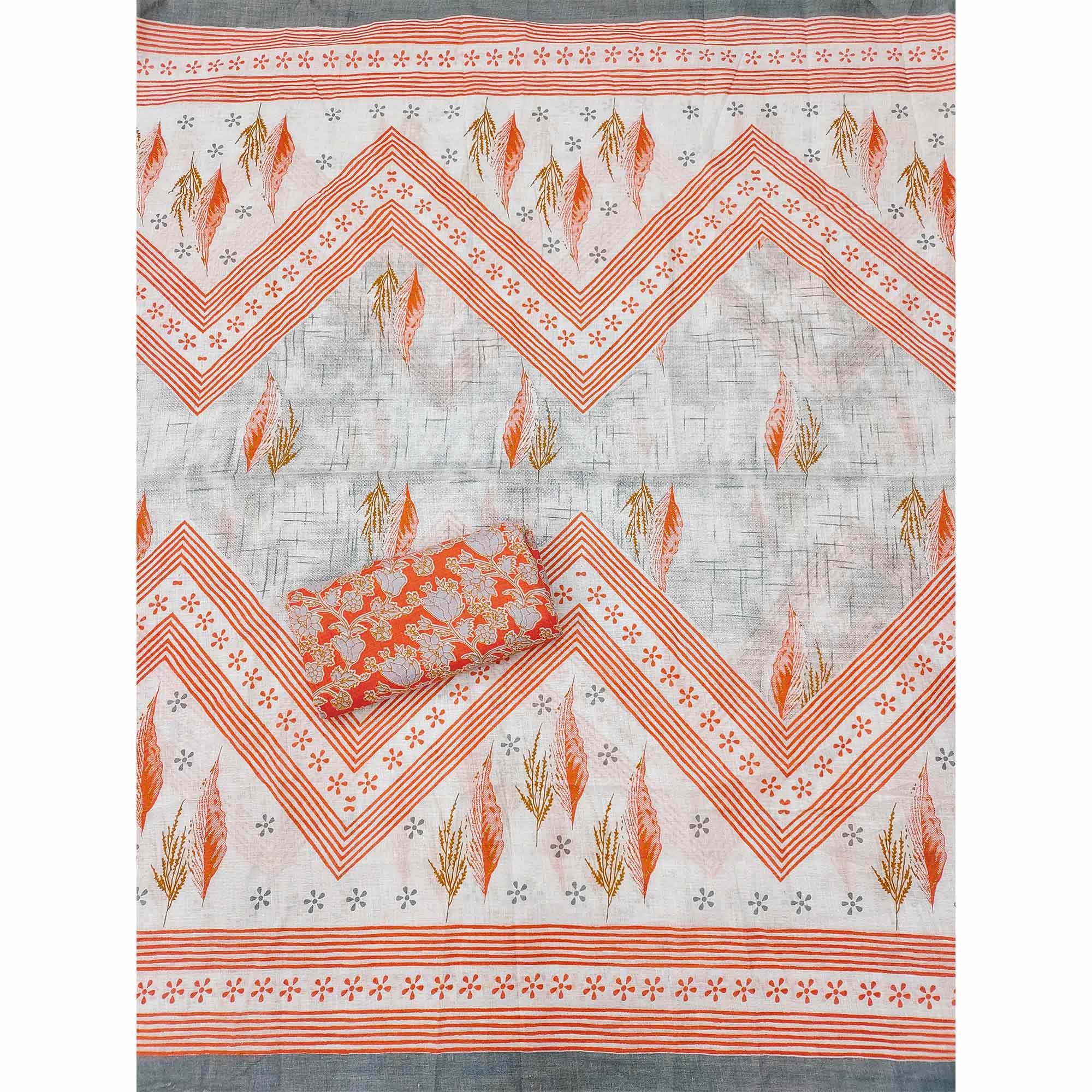 Orange Floral Printed With Embroidered Cotton Blend Dress Material