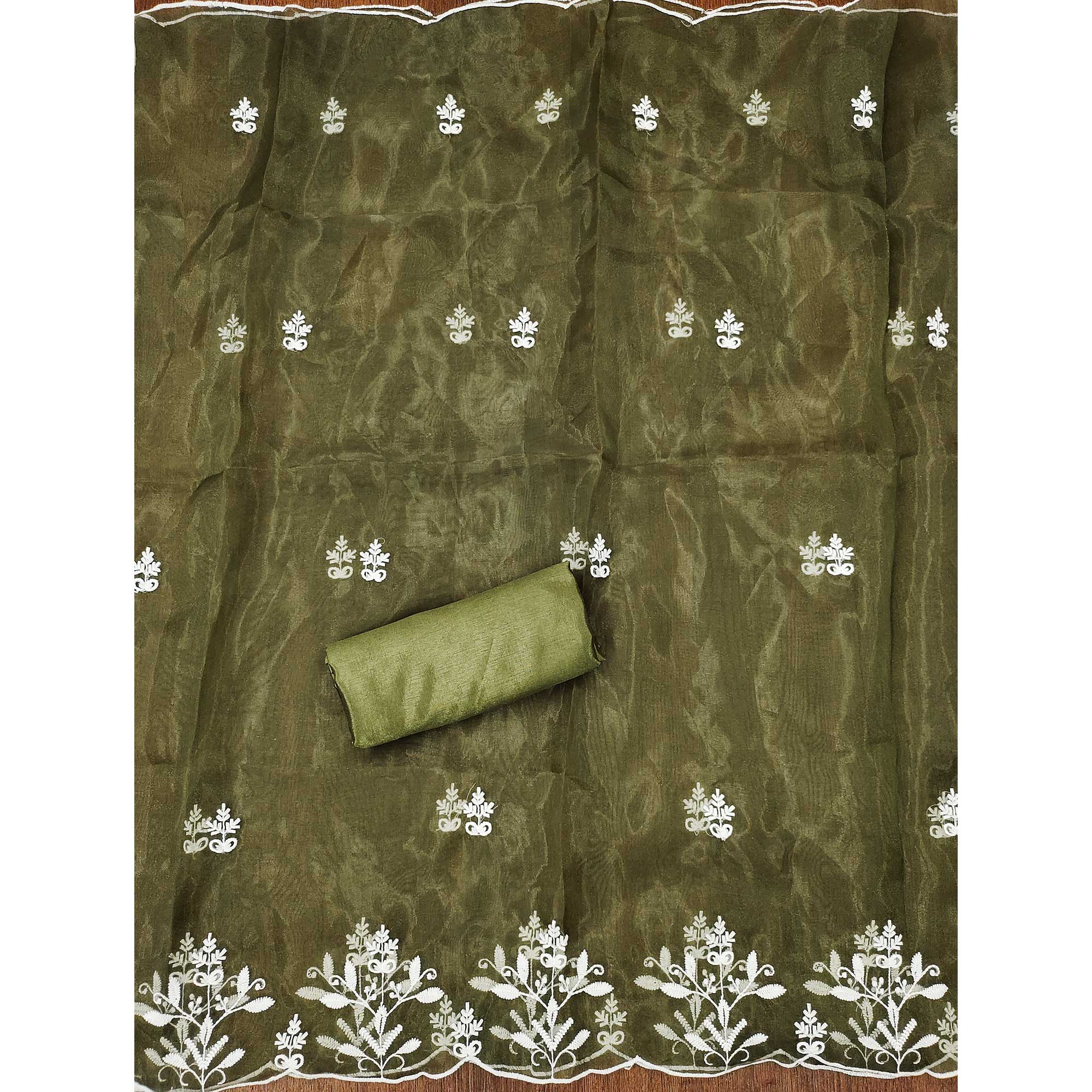 Mehendi Green Floral Embroidered Organza Dress Material