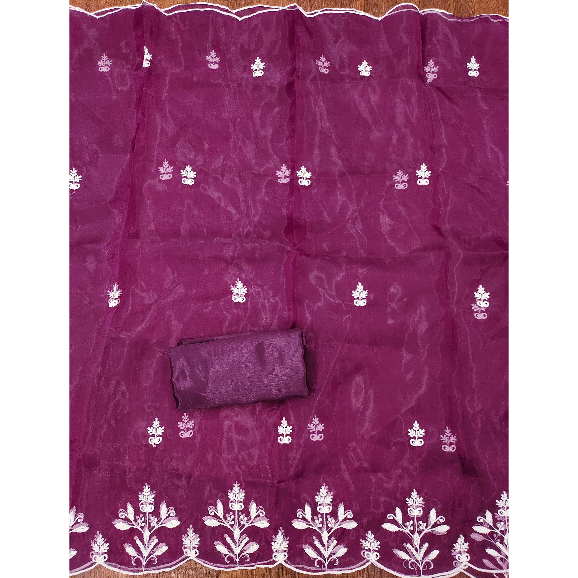 Purple Floral Embroidered Organza Dress Material