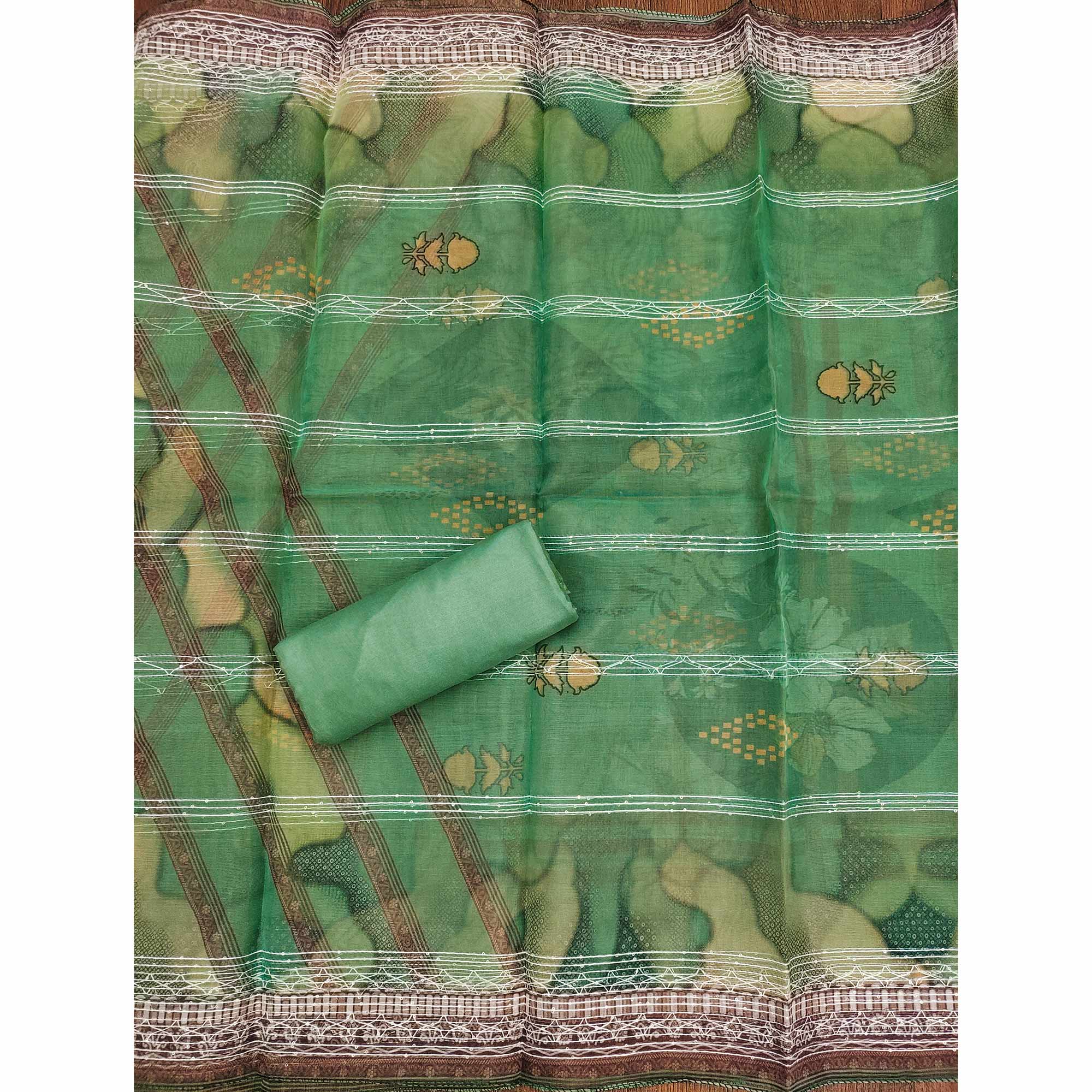 Green Sequins Embroidered Organza Dress Material