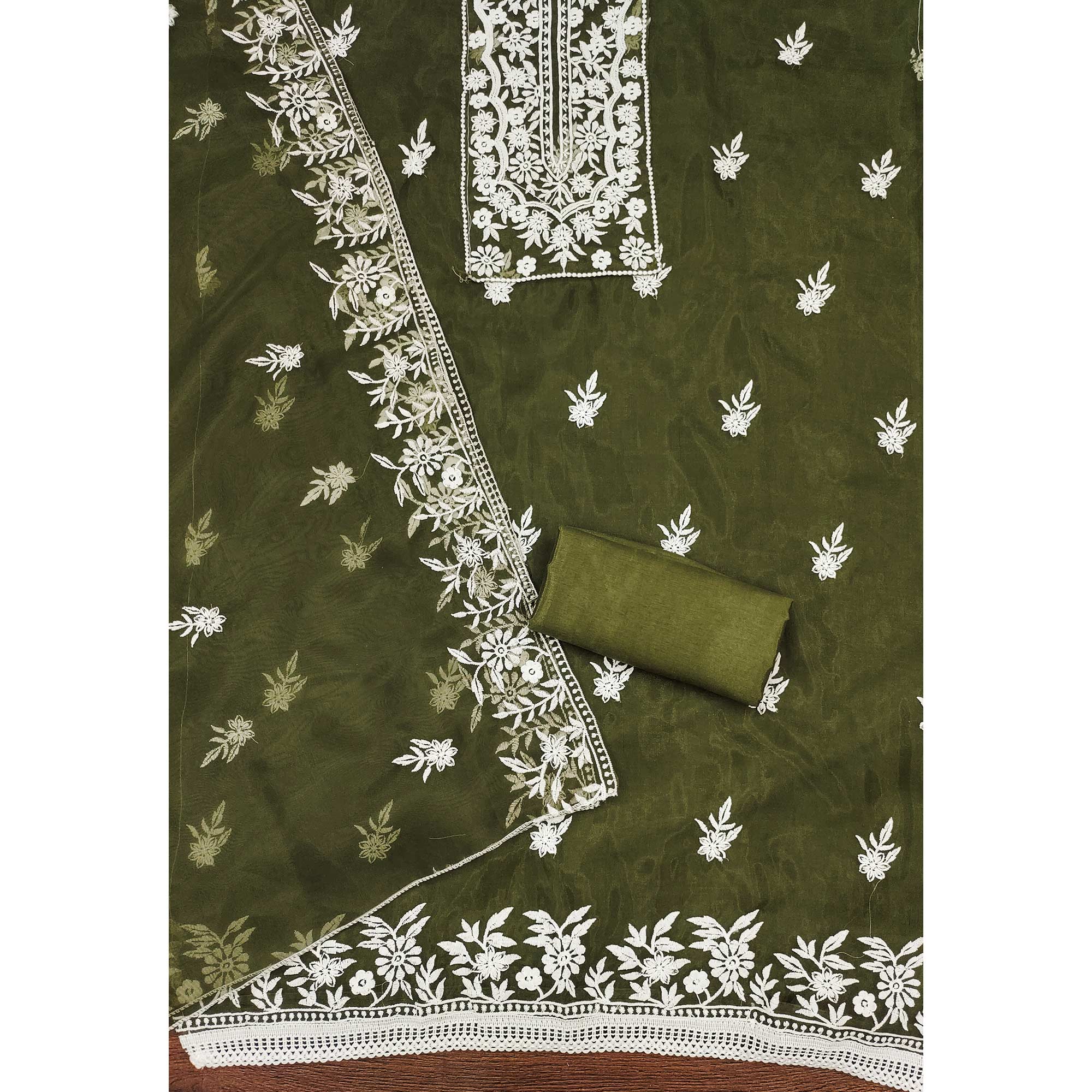 Green Floral Embroidered Organza Dress Material