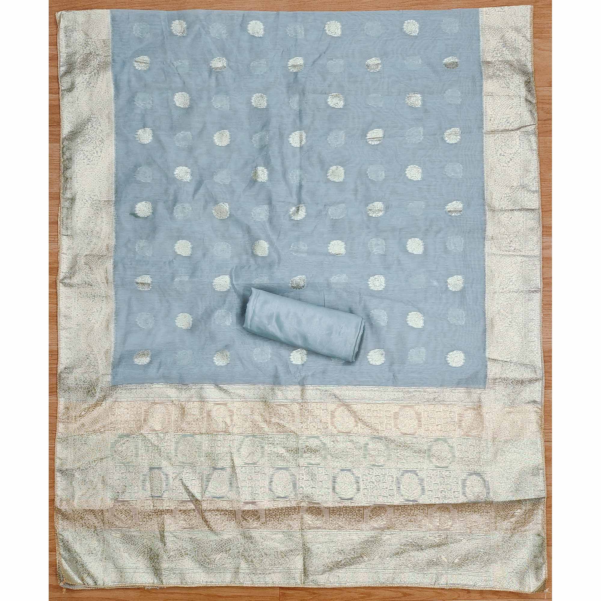 Grey Floral Woven With Hand Embroidered Jacquard Dress Material