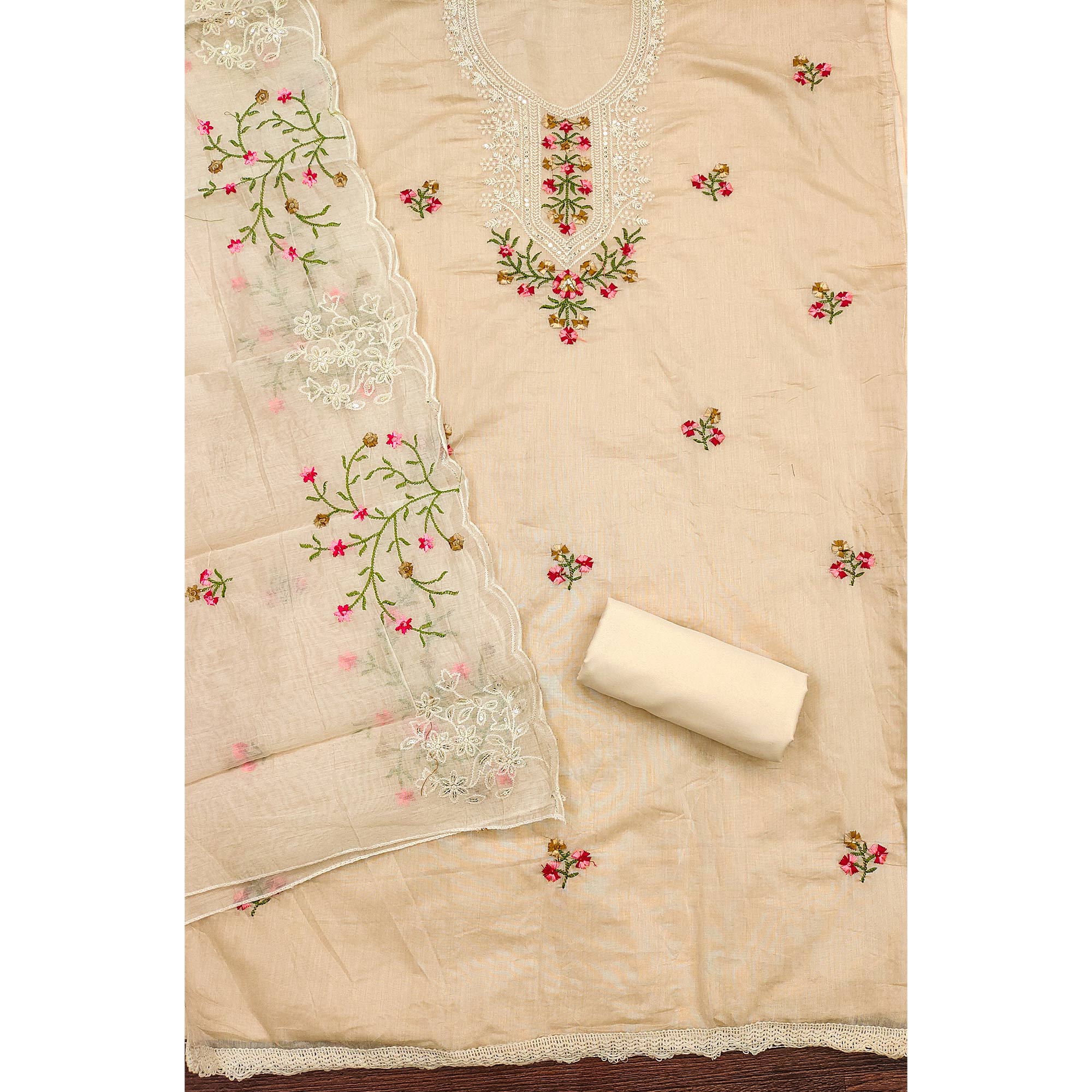 Beige Chanderi Cotton Dress Material With Elegant Floral Sequin Embroidery
