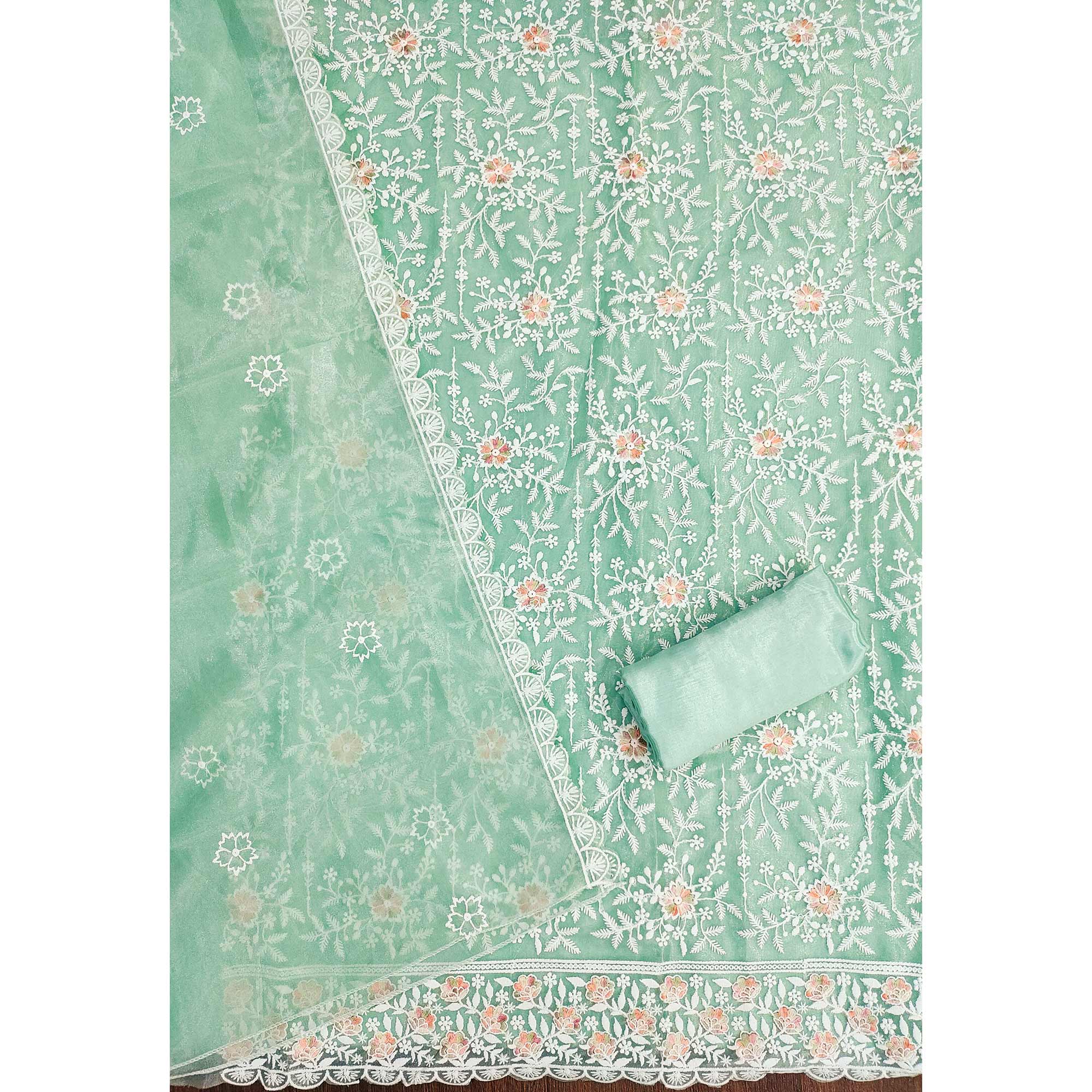 Refreshing Sea Green Organza Dress Material Adorned with Intricate Floral Embroidery