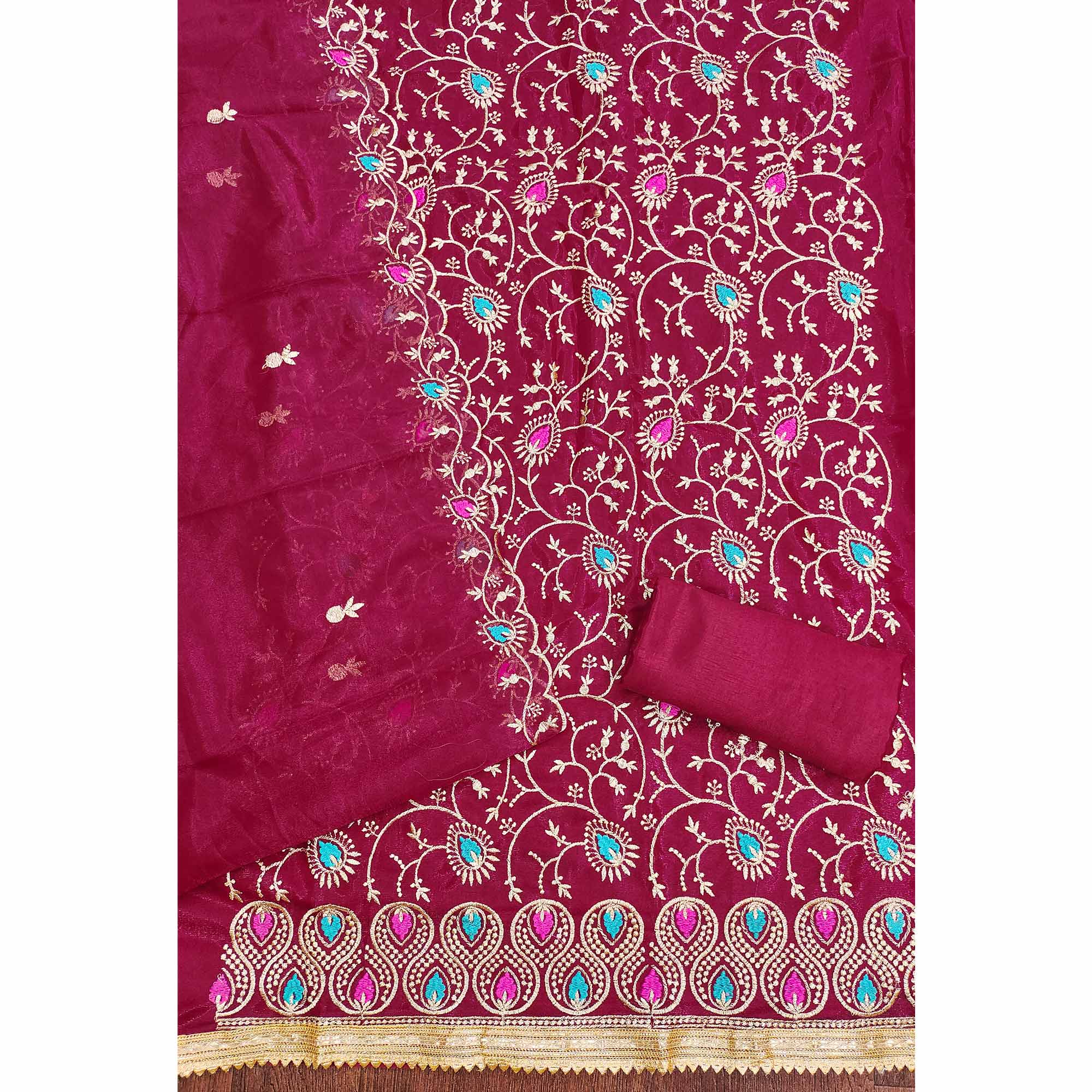 Refreshing Rani Pink Organza Dress Material with Exquisite Floral Thread & Zari Embroidery