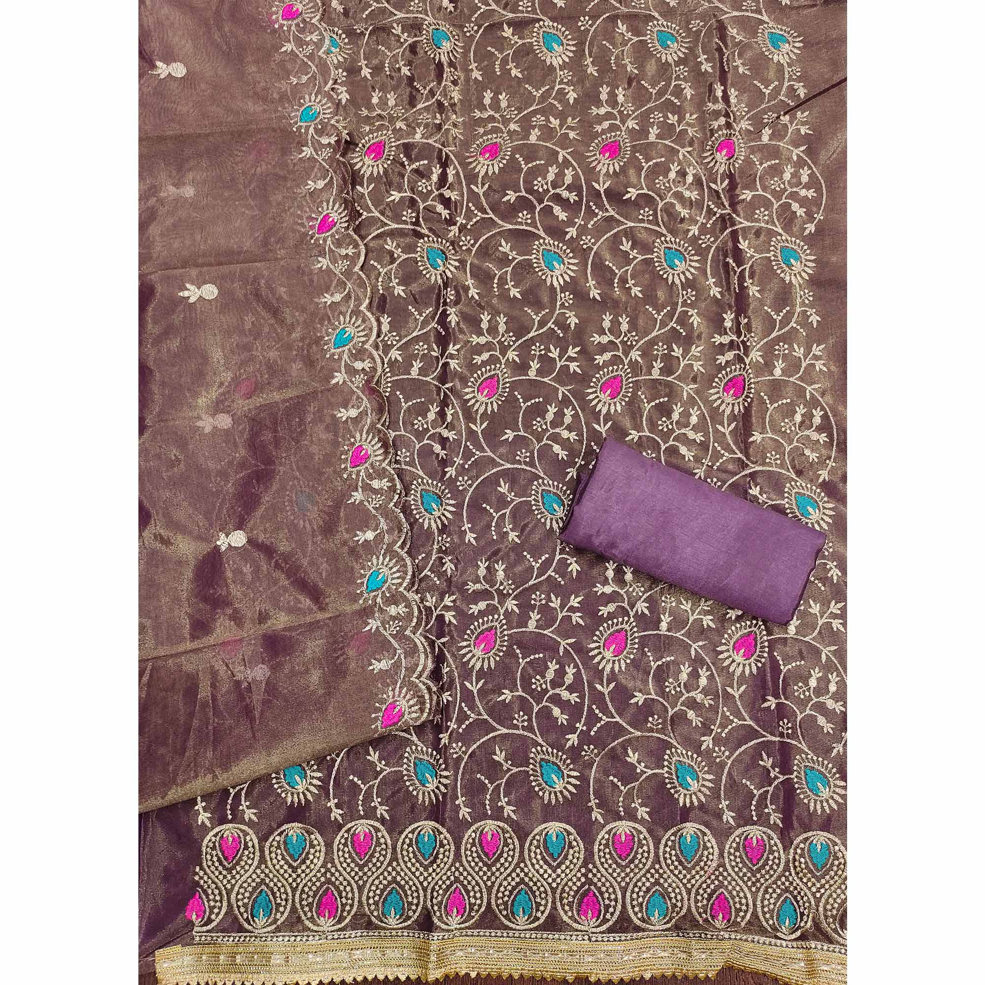 Charming Wine Organza Dress Material with Exquisite Floral Thread & Zari Embroidery