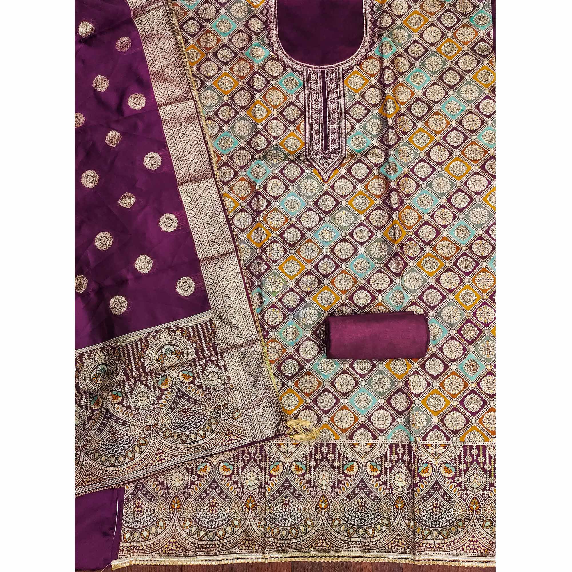 Wine Unstitched Dress Material in Zari Woven Jacquard