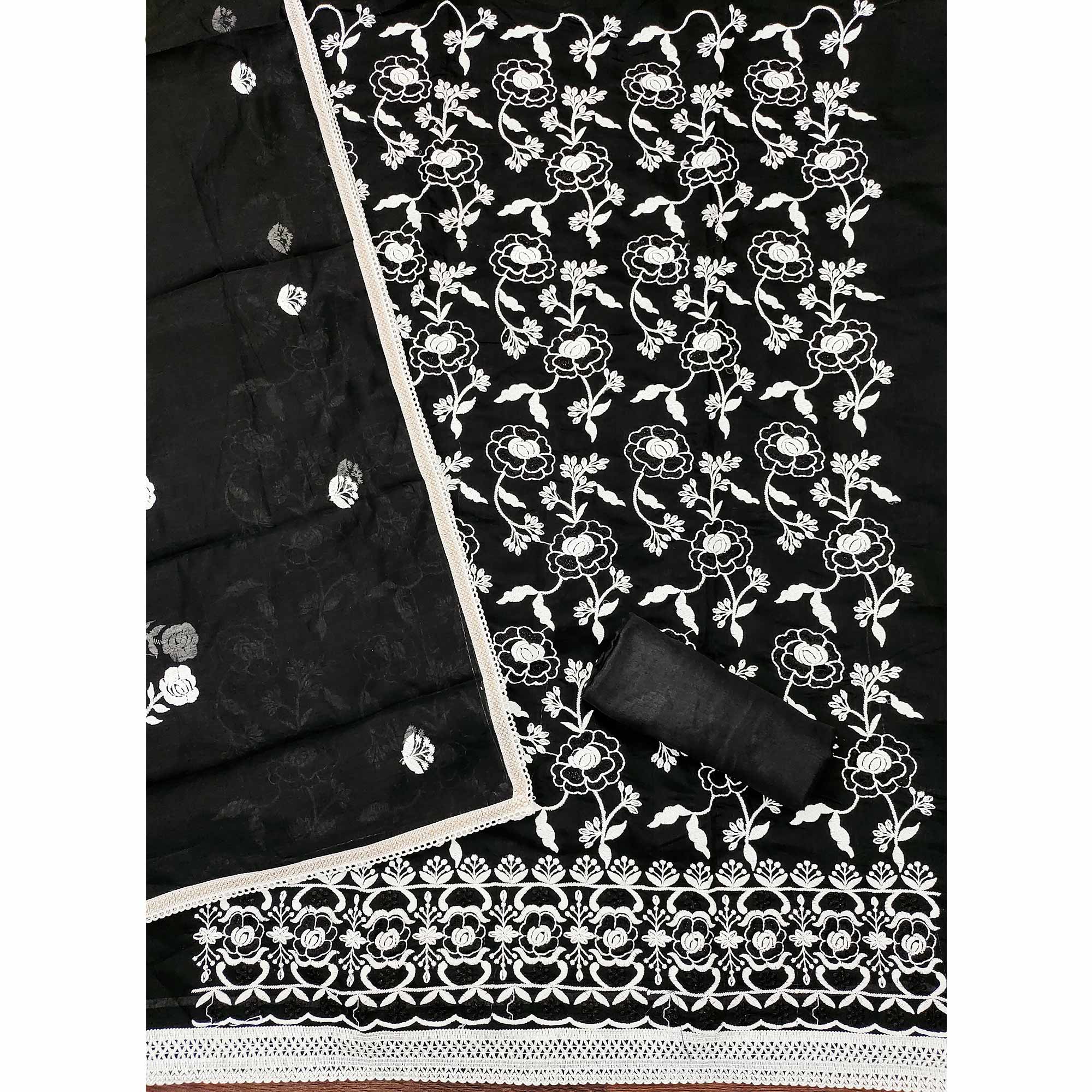 Black Embroidered Chanderi Cotton Suit Fabric with Floral Detailing