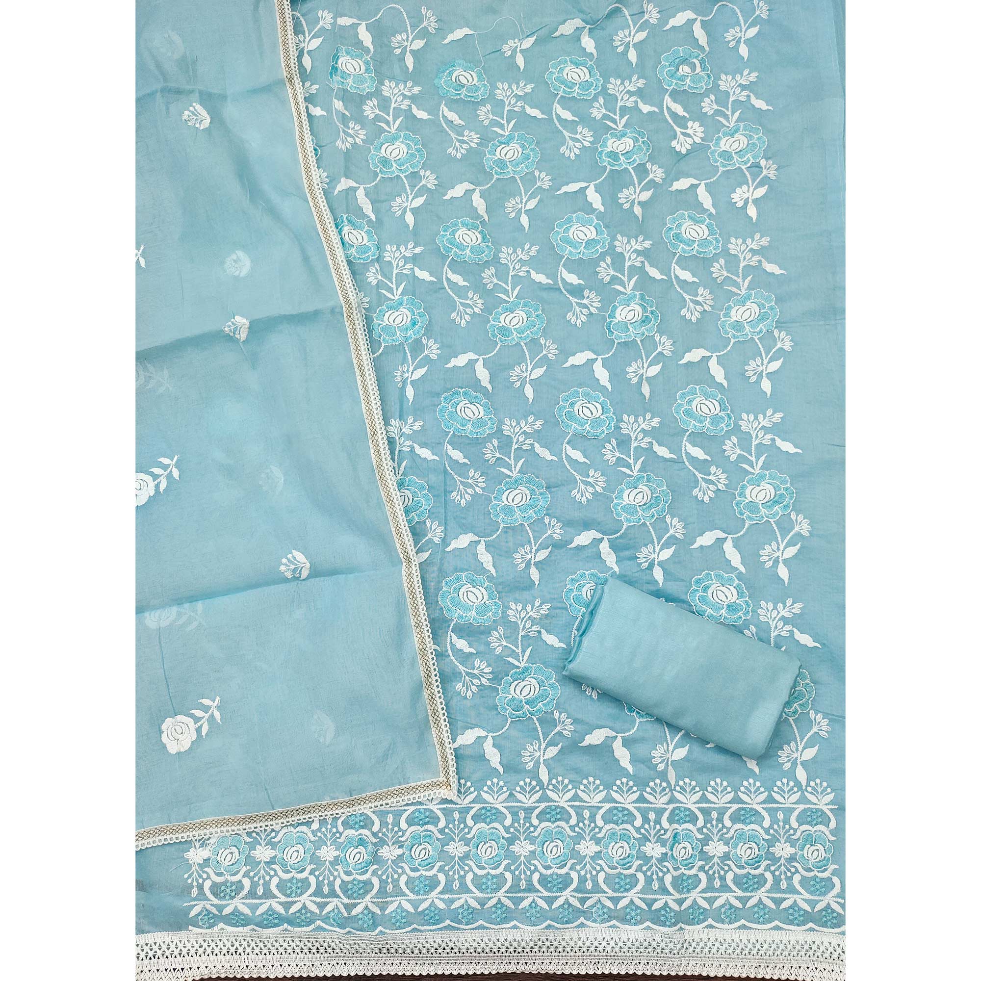 Sky Blue Embroidered Chanderi Cotton Suit Fabric with Floral Detailing
