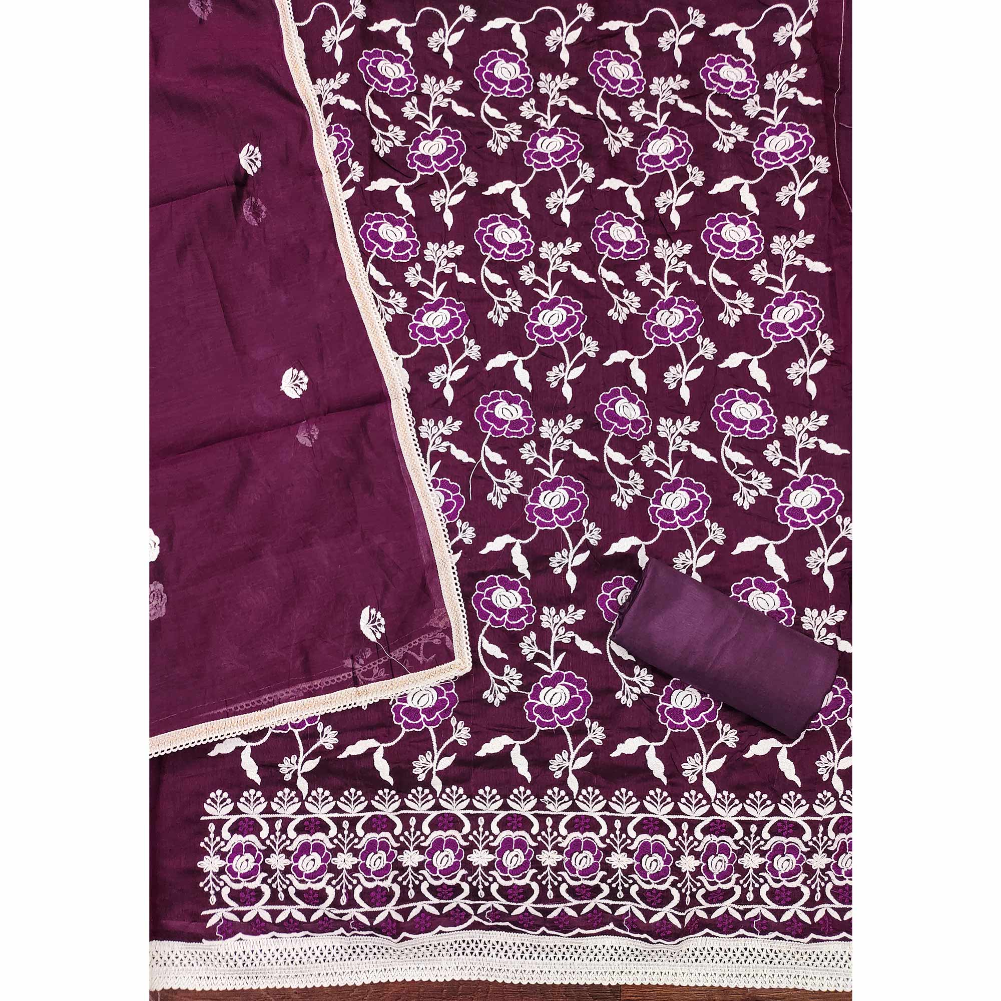Wine Embroidered Chanderi Cotton Suit Fabric with Floral Detailing