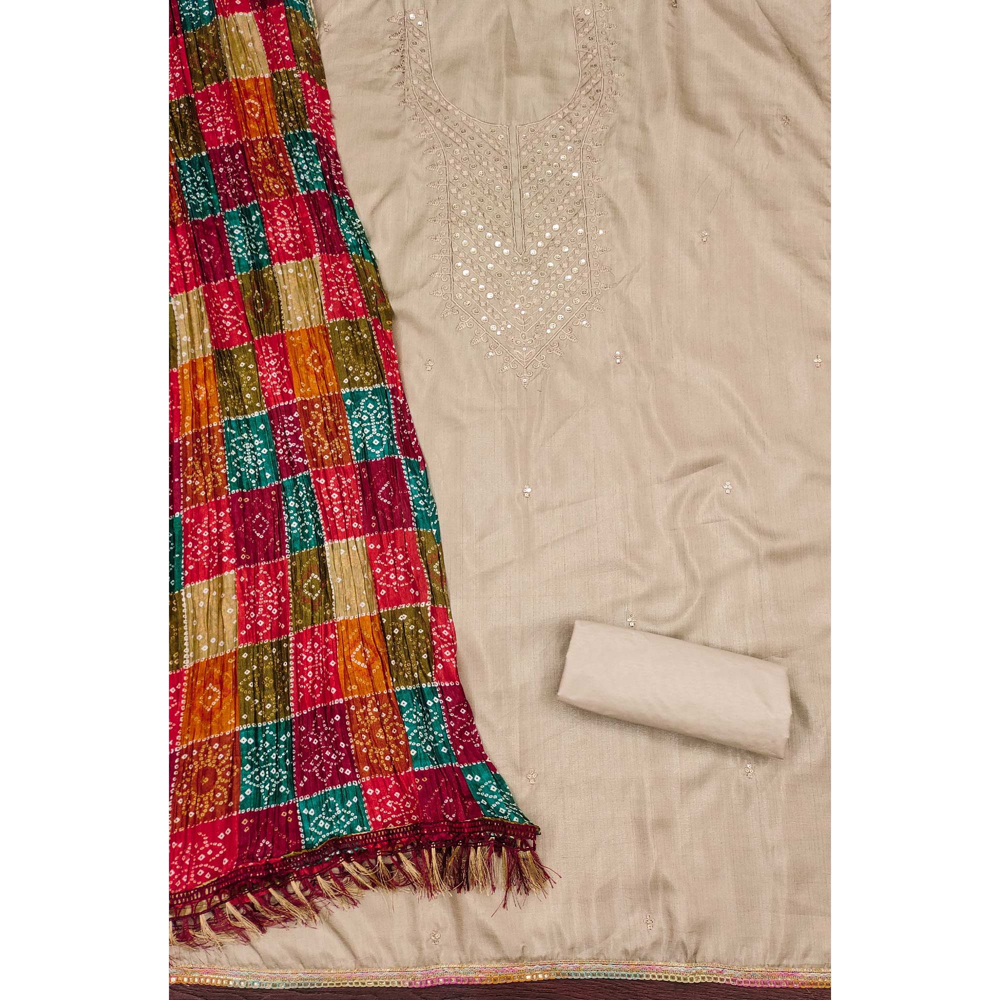 Beige Cotton Blend Suit Material with Soft Floral Embroidery