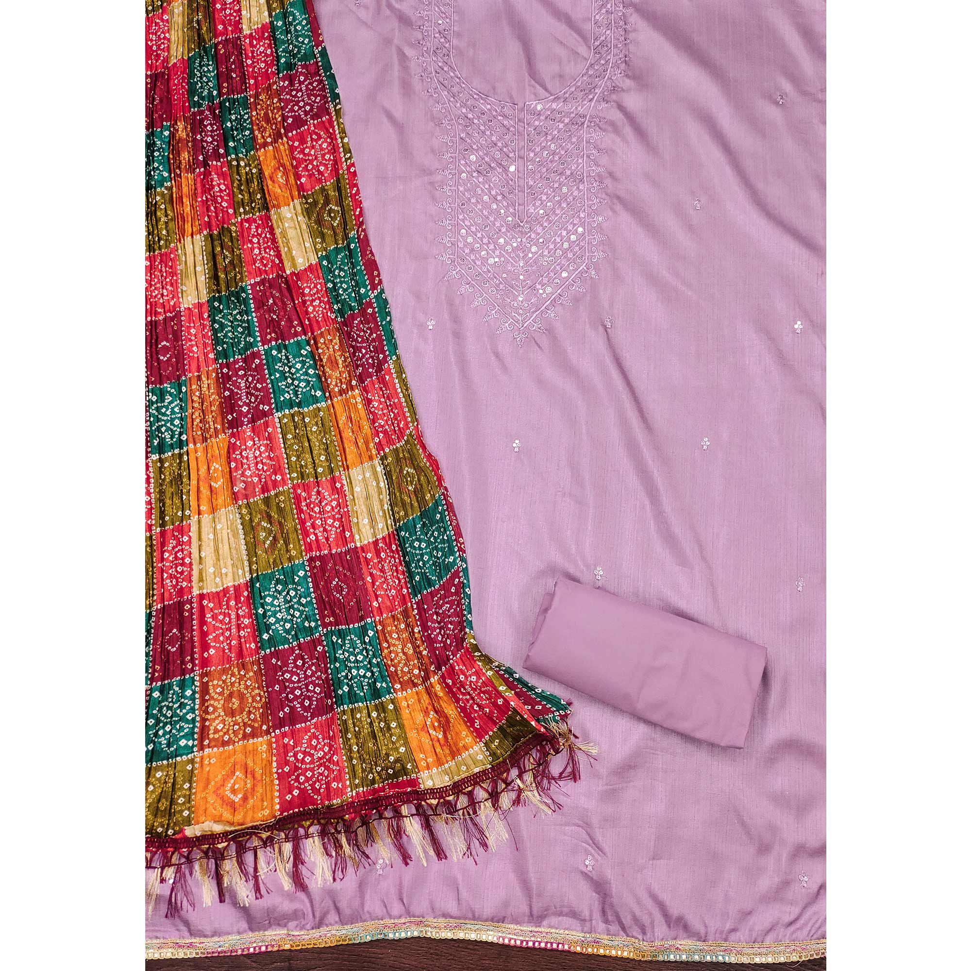 Light Purple Cotton Blend Suit Material with Soft Floral Embroidery