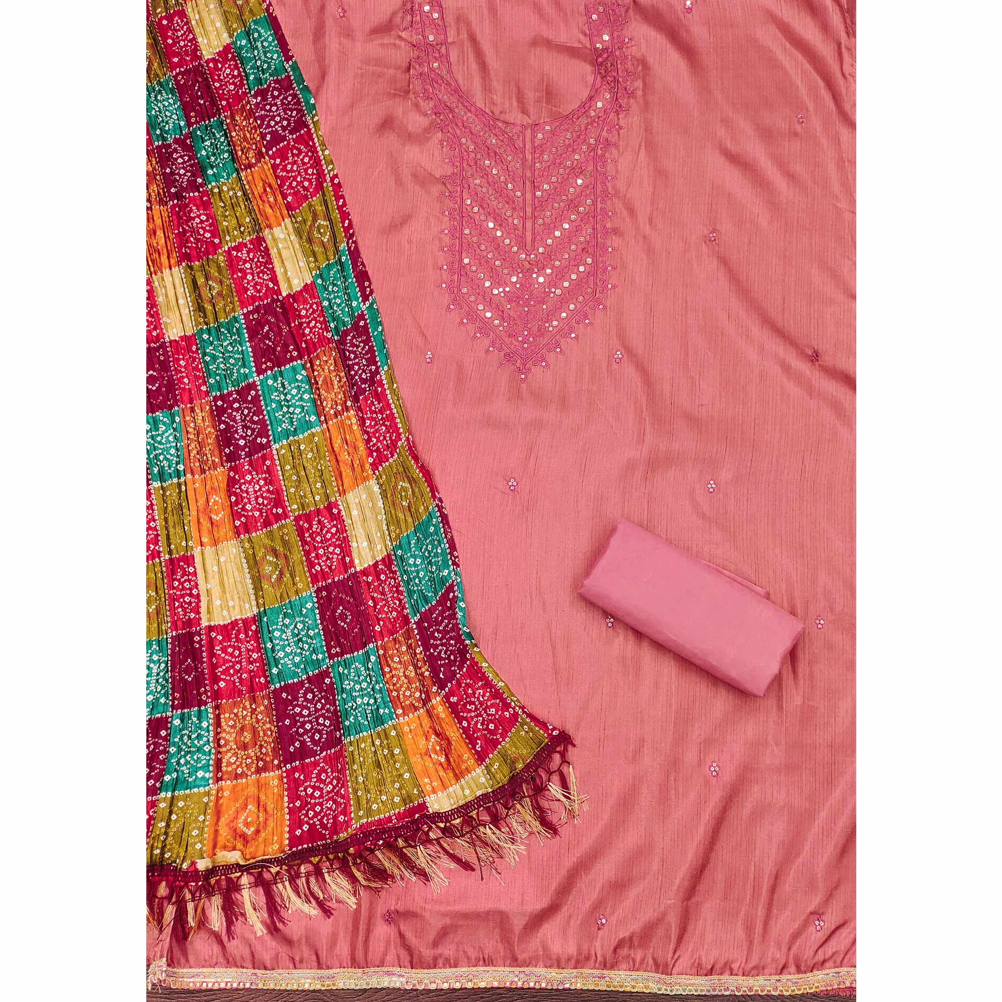 Pink Cotton Blend Suit Material with Soft Floral Embroidery