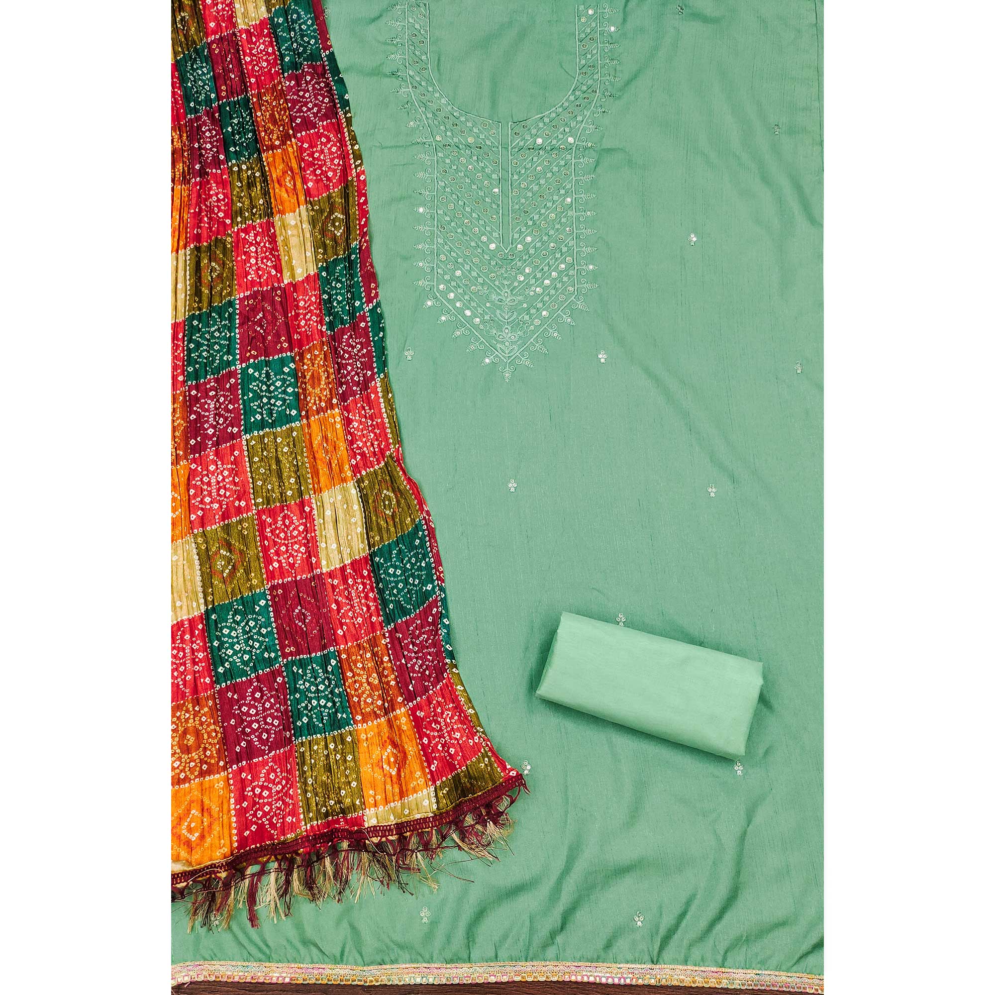 Sea Green Cotton Blend Suit Material with Soft Floral Embroidery