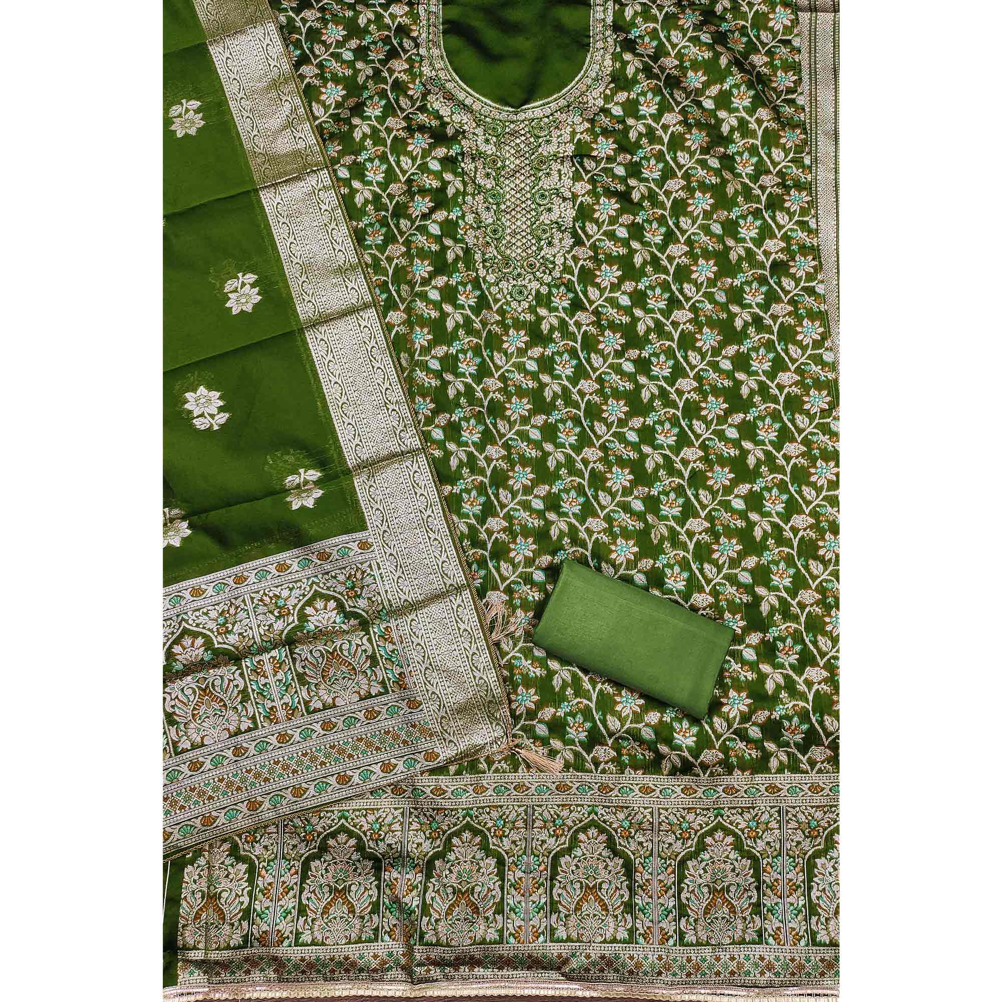 Unstitched Green Jacquard Dress Set with Traditional Zari Weaving