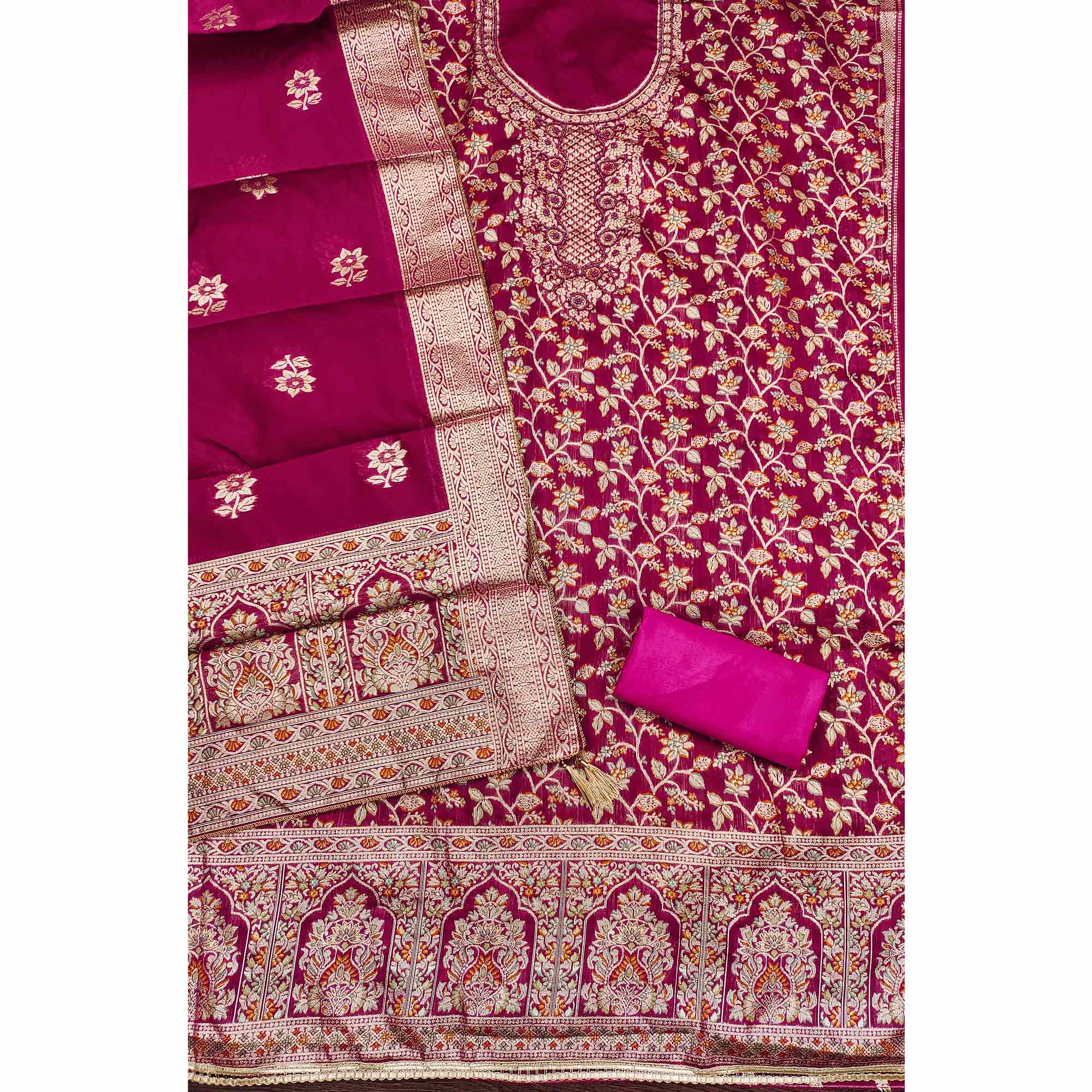 Unstitched Pink Jacquard Dress Set with Traditional Zari Weaving