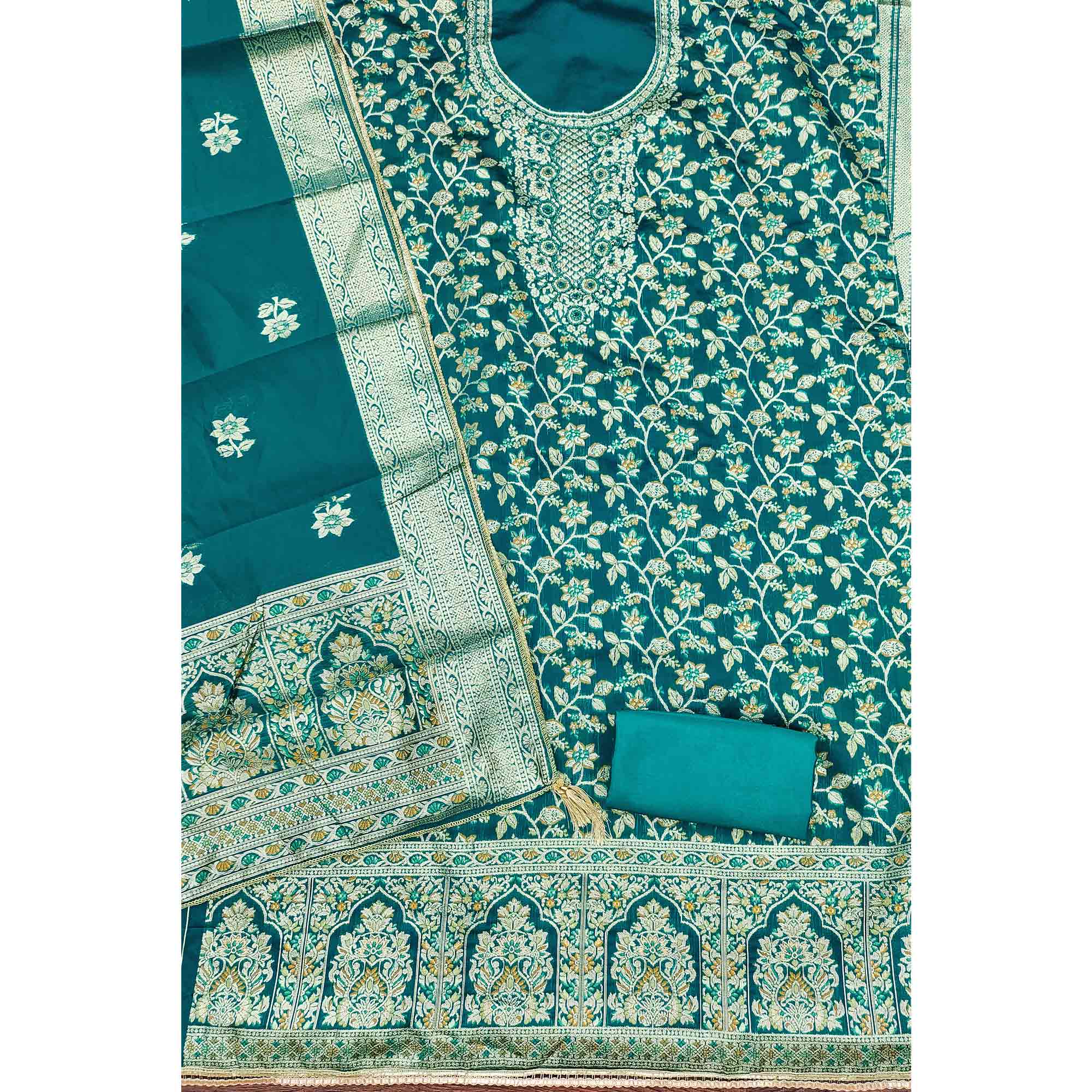 Unstitched Teal Jacquard Dress Set with Traditional Zari Weaving