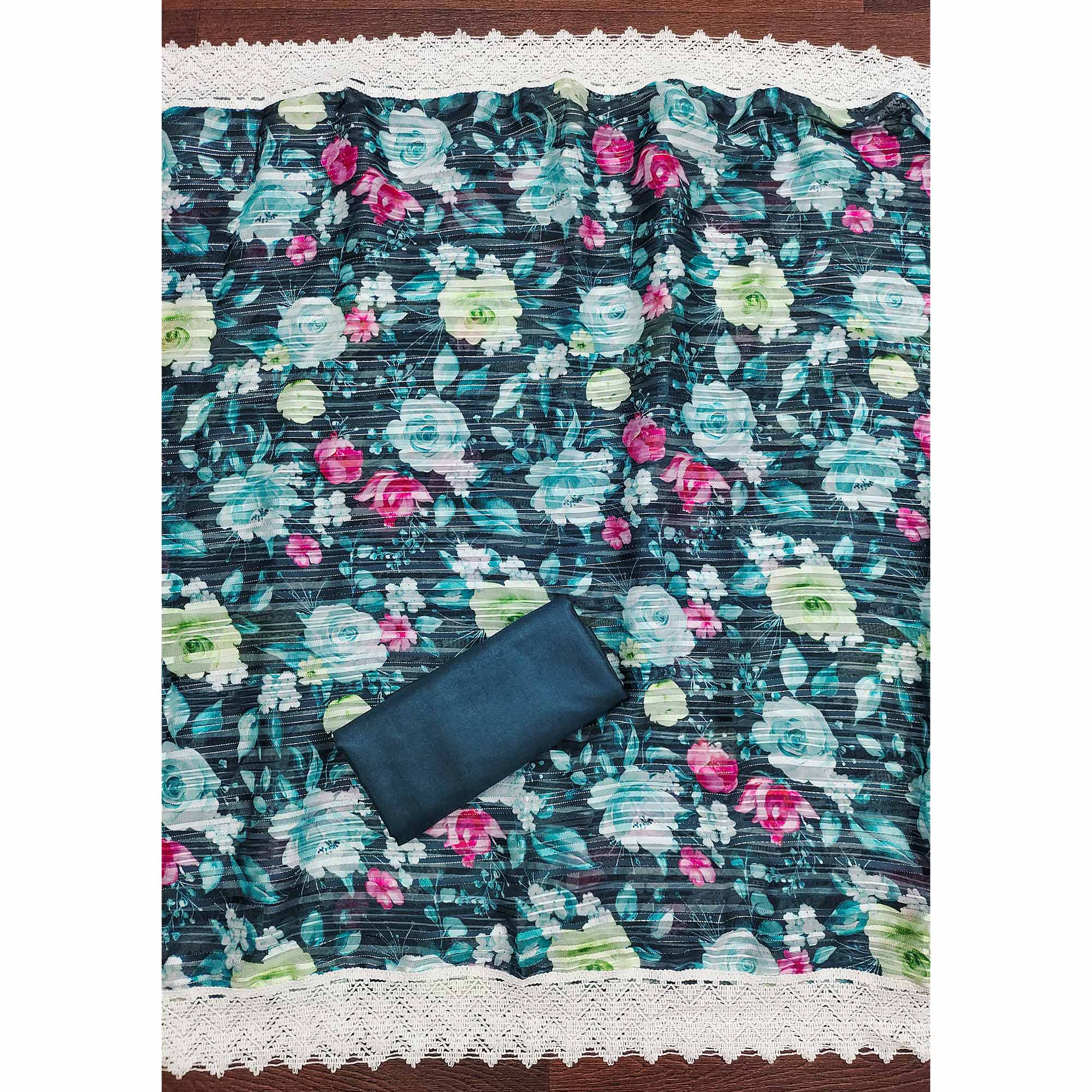 Dark Teal Cotton Blend Suit Material Enhanced with Sequins Embroidery