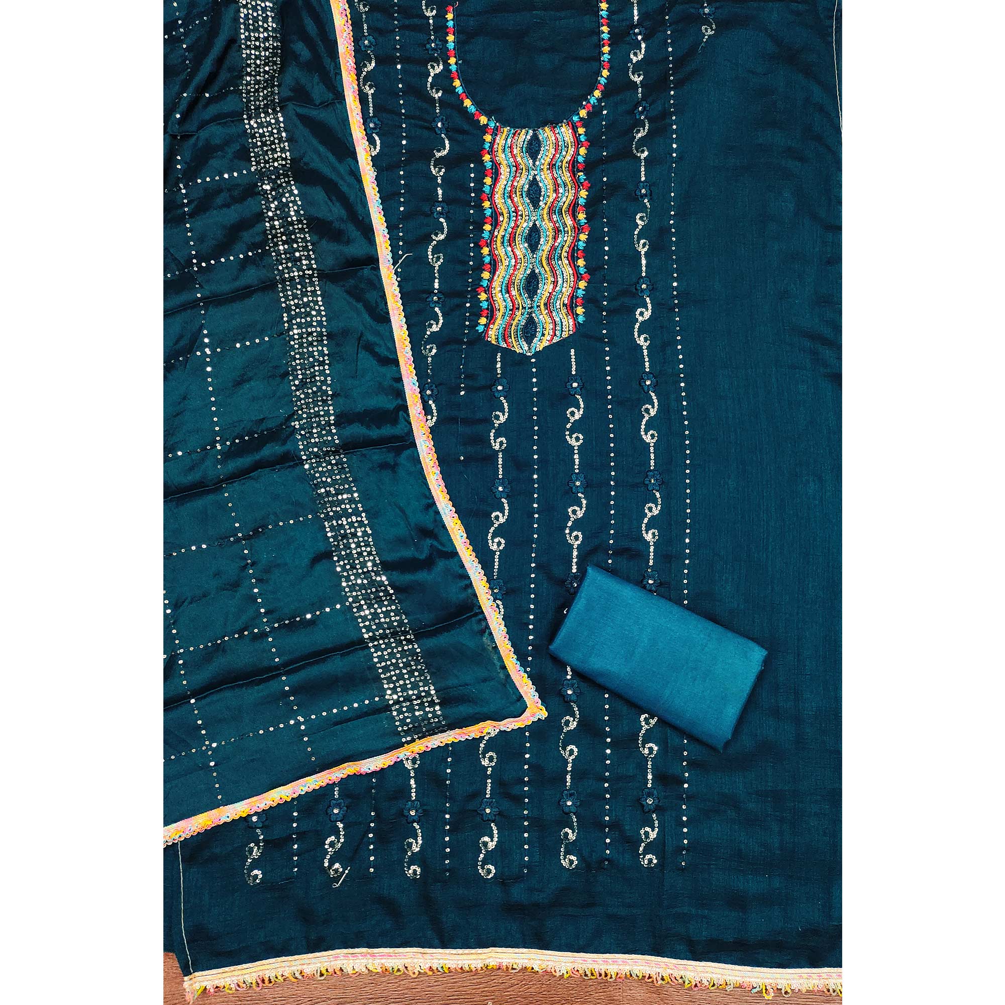 Festive Teal Dress Material in Vichitra Silk with Sequin Highlights