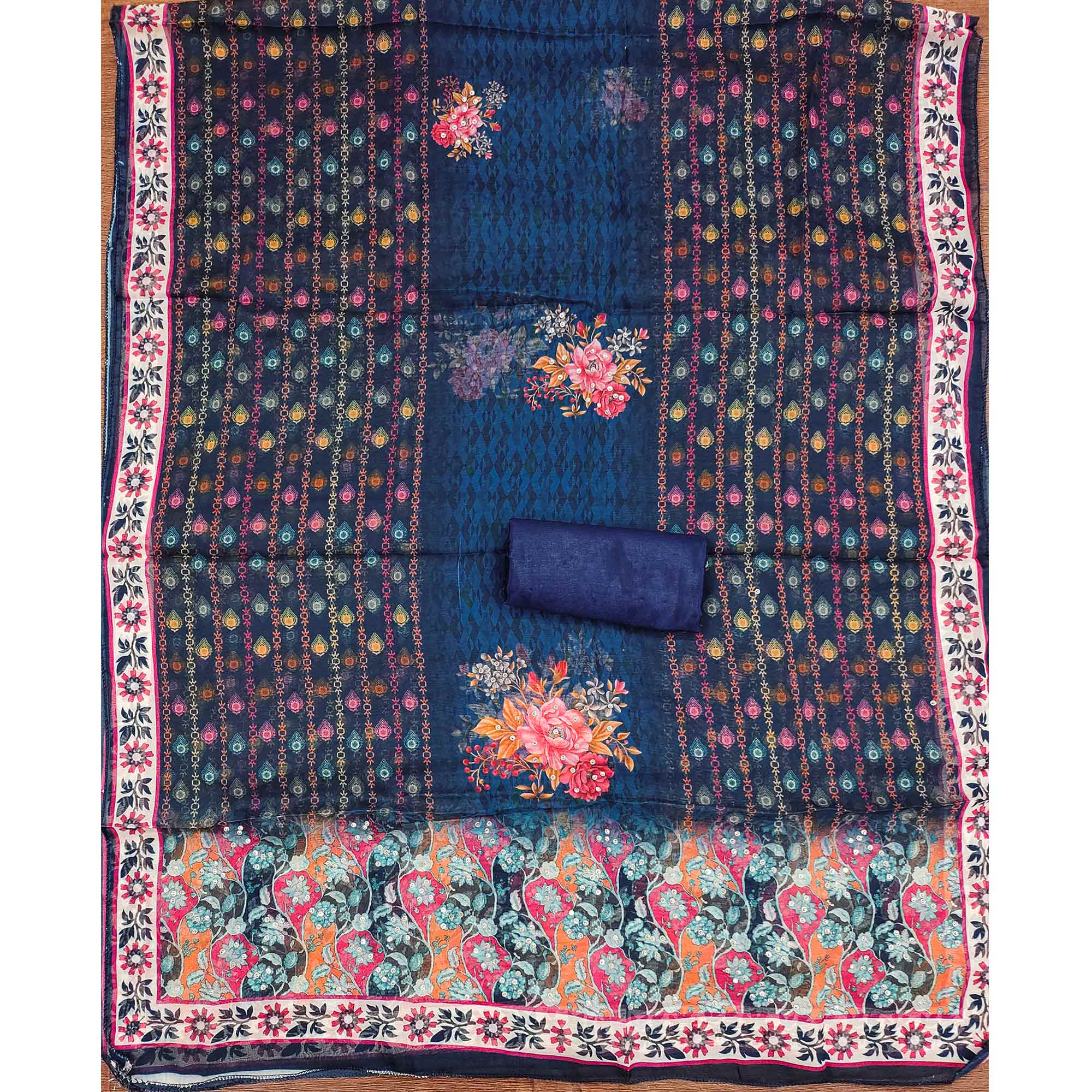 Off-White & Blue Organza Dress Material with Elegant Floral Prints