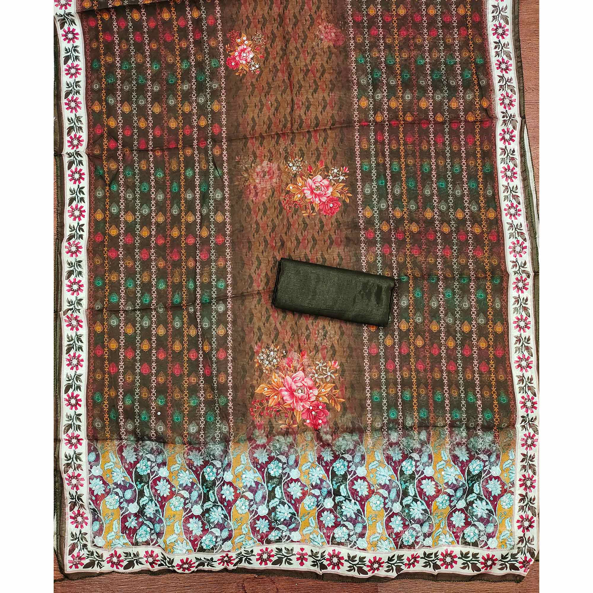 Off-White & Olive Organza Dress Material with Elegant Floral Prints