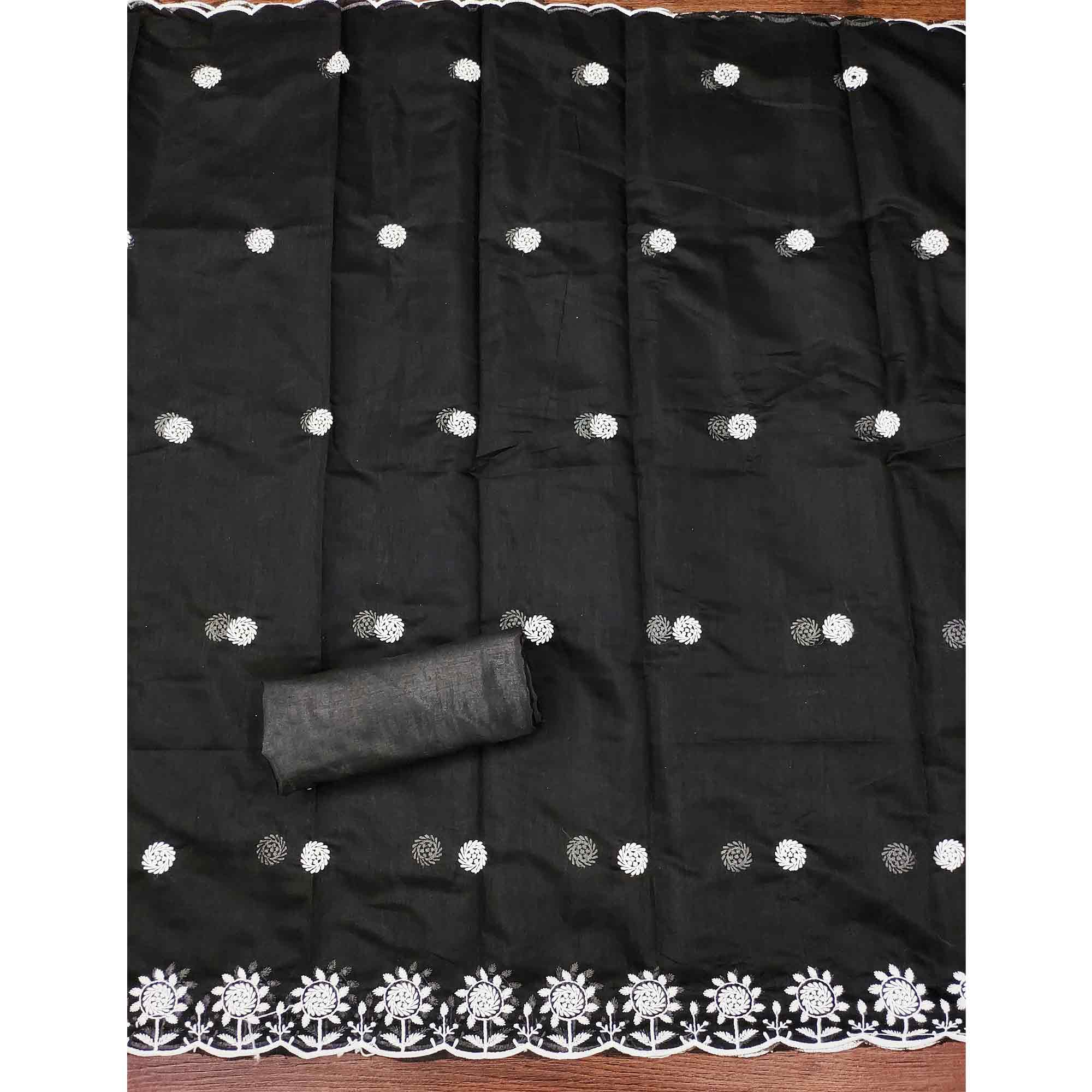 Black Embroidered Cotton Blend Suit Fabric with Soft Floral Detailing