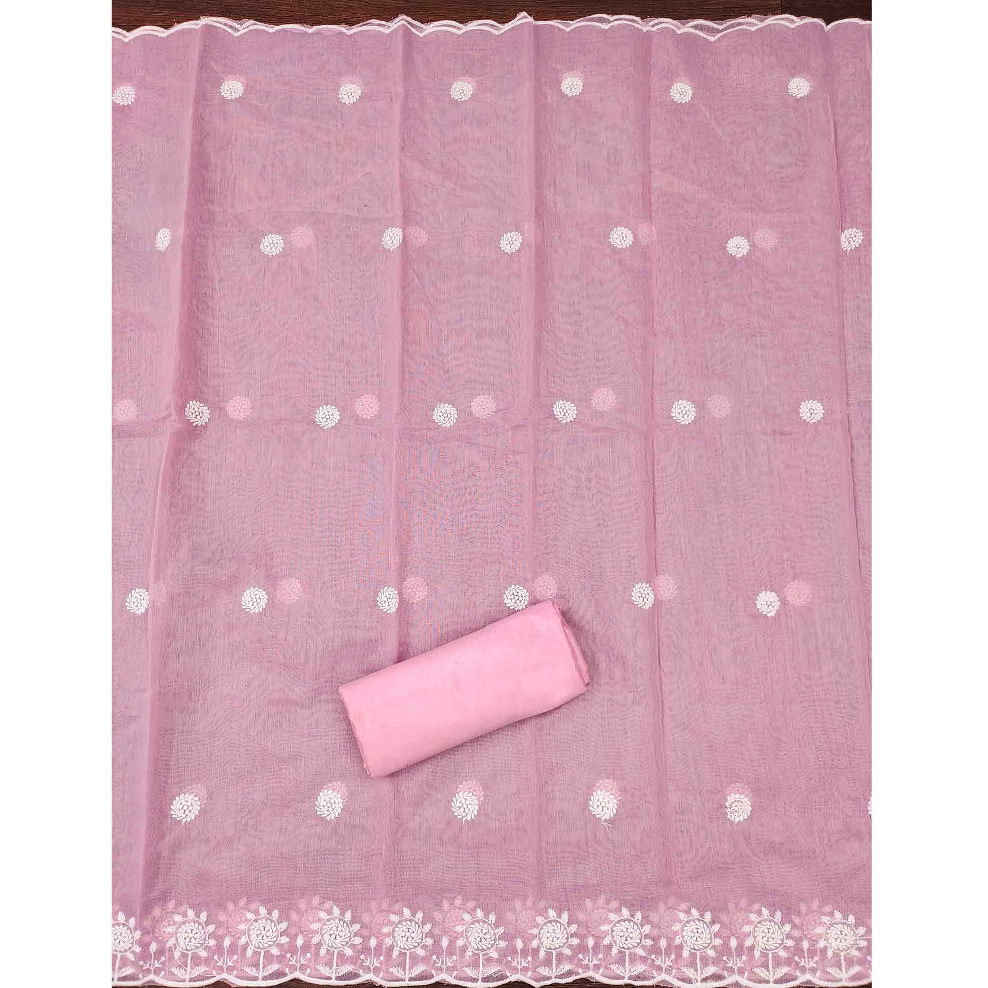 Pink Embroidered Cotton Blend Suit Fabric with Soft Floral Detailing