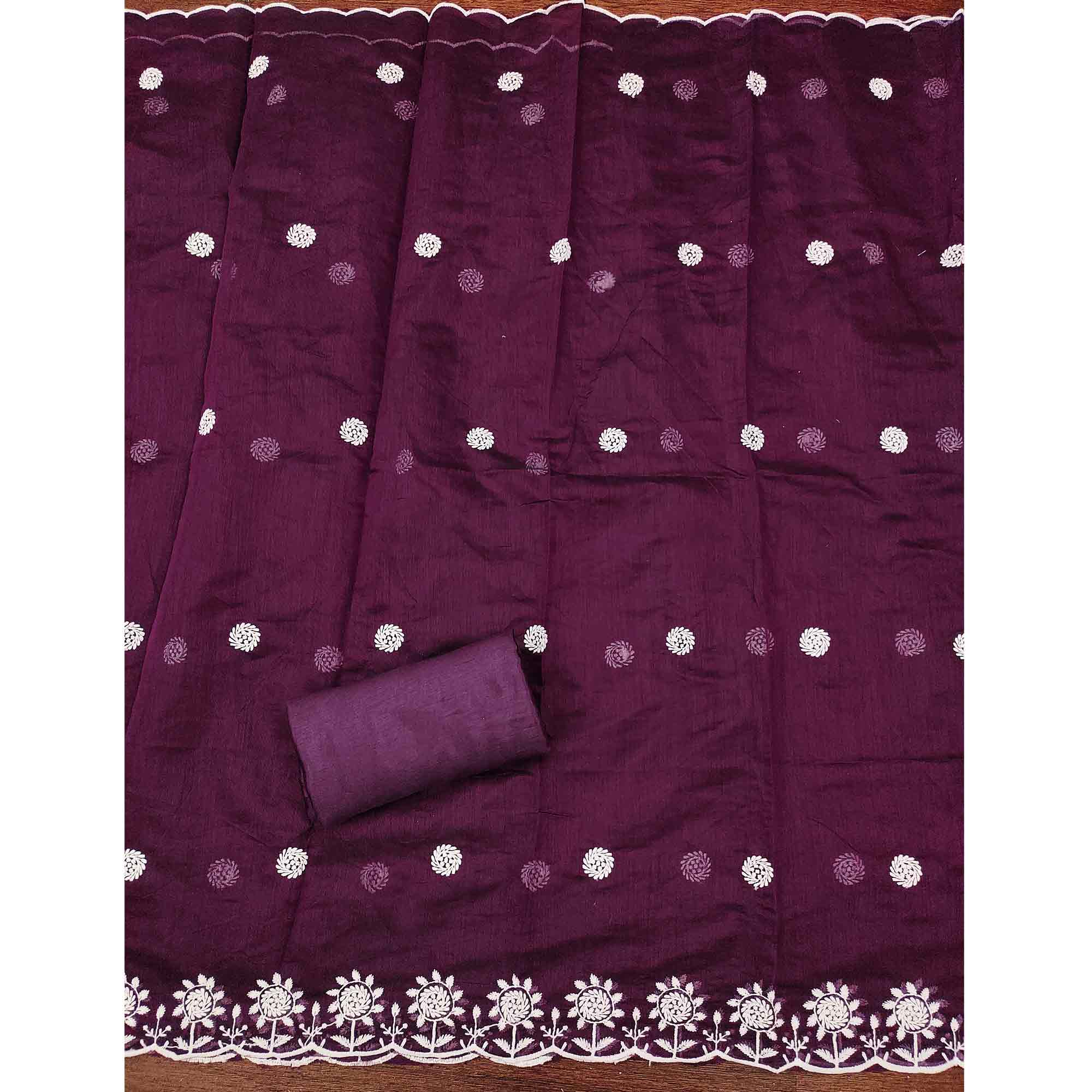 Wine Embroidered Cotton Blend Suit Fabric with Soft Floral Detailing