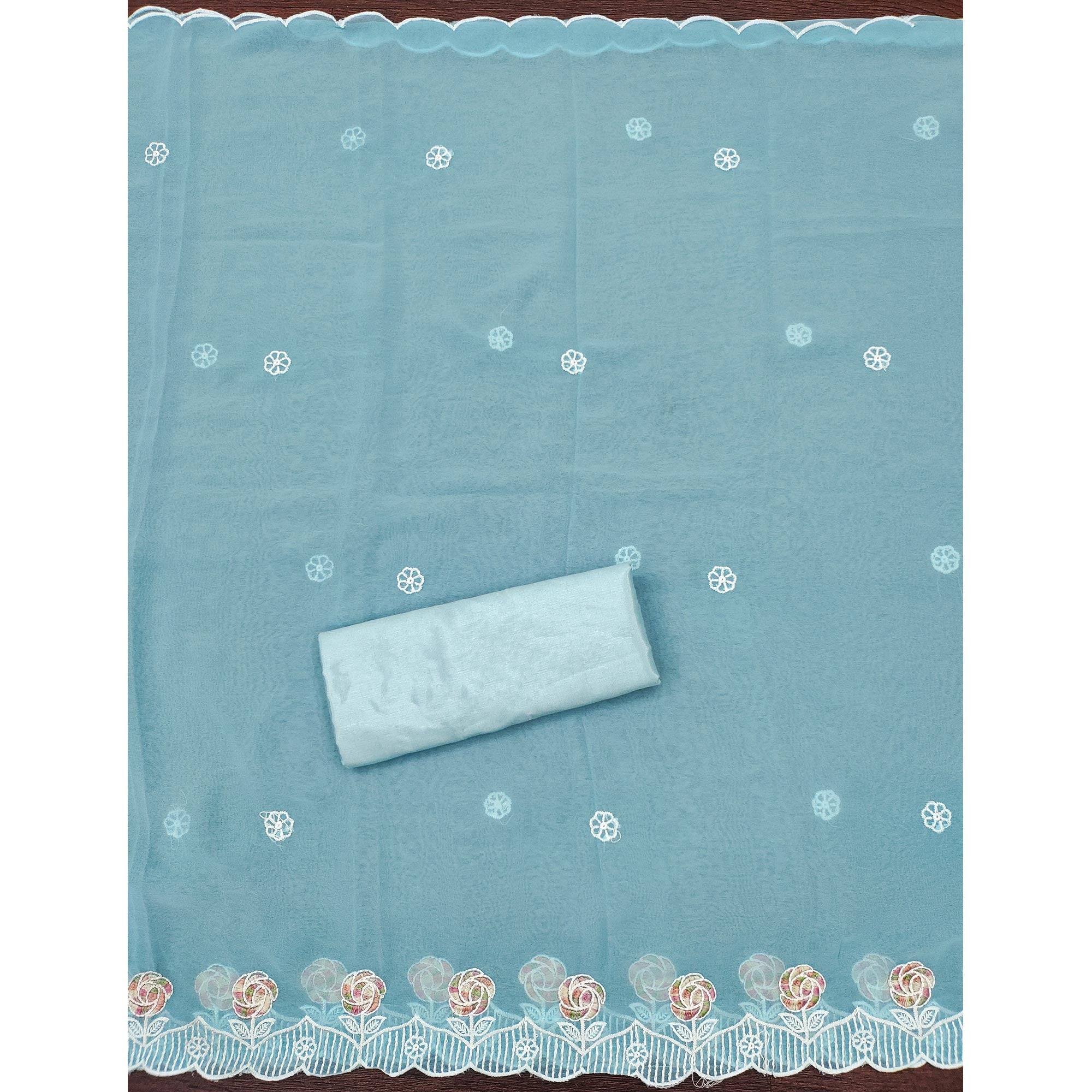 Blue Georgette Dress Material Highlighted With Floral Thread Embroidery