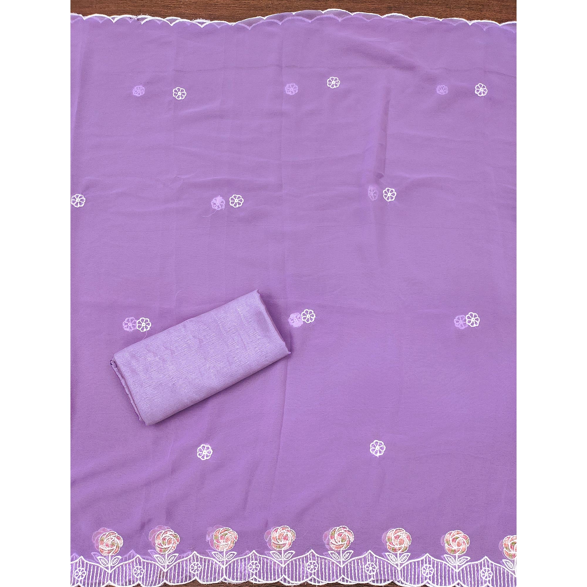 Lavender Georgette Dress Material Highlighted With Floral Thread Embroidery