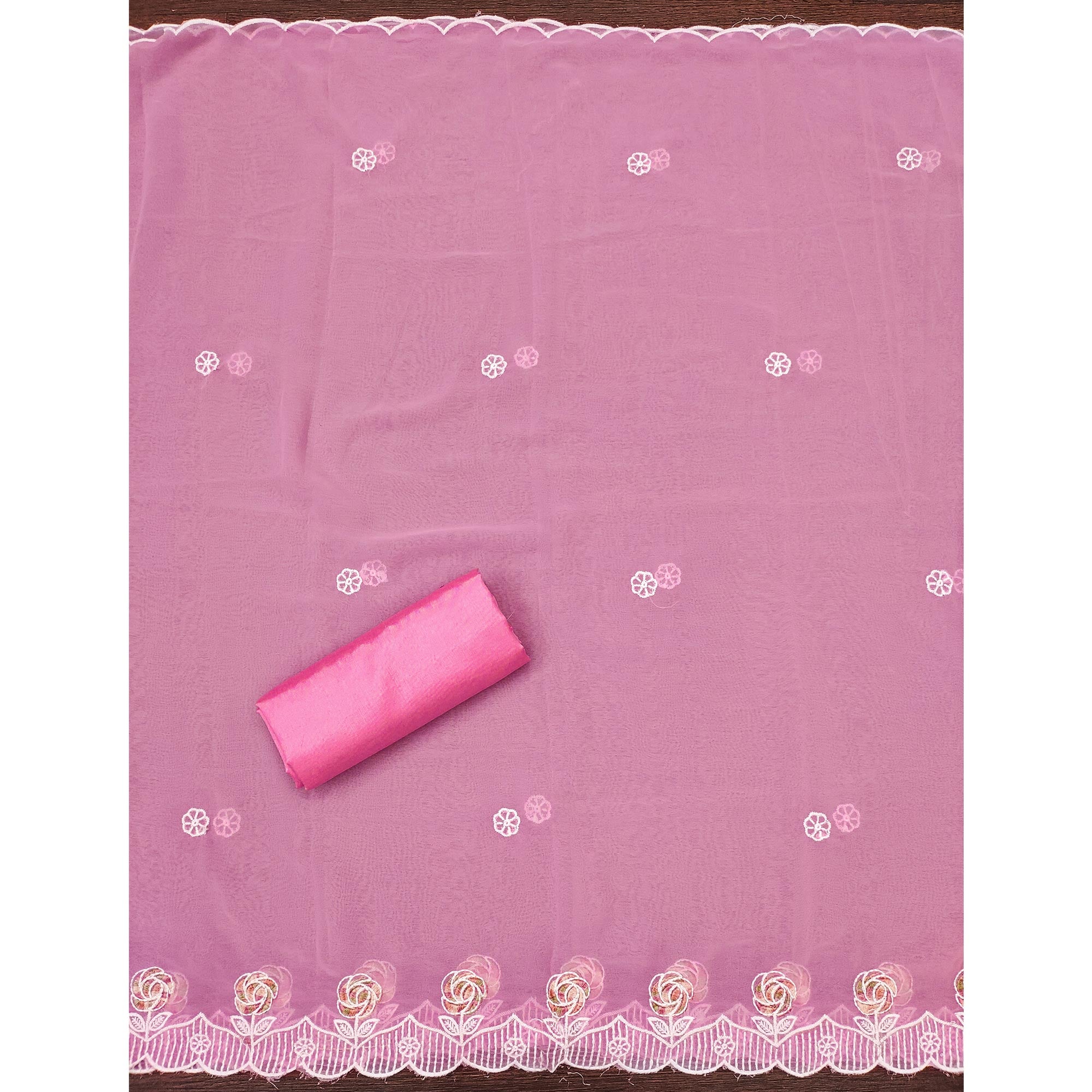Pink Georgette Dress Material Highlighted With Floral Thread Embroidery