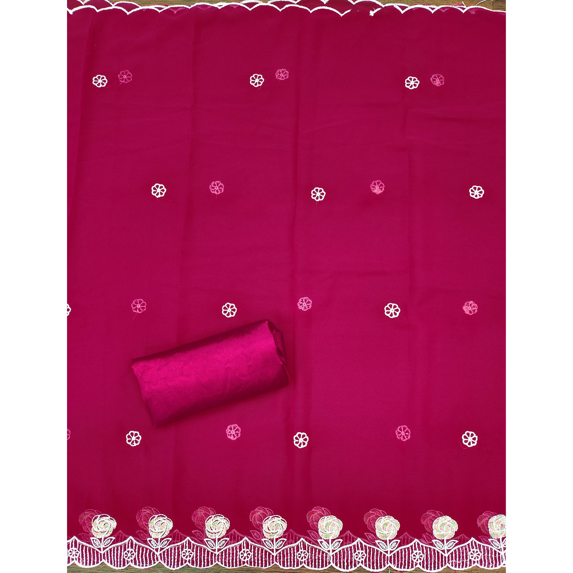 Rani Pink Georgette Dress Material Highlighted With Floral Thread Embroidery