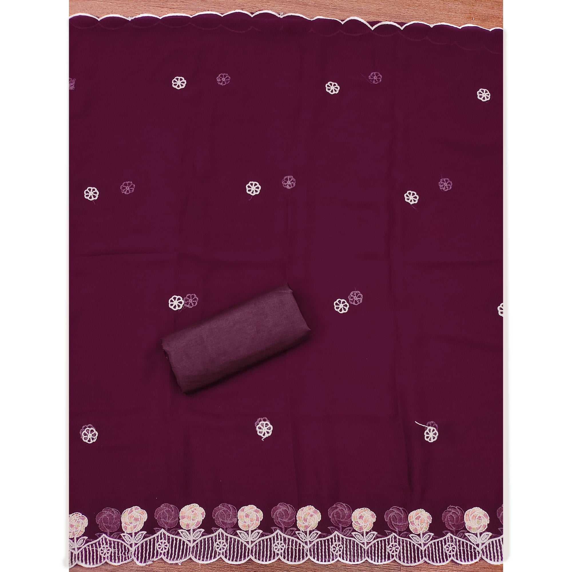 Wine Georgette Dress Material Highlighted With Floral Thread Embroidery