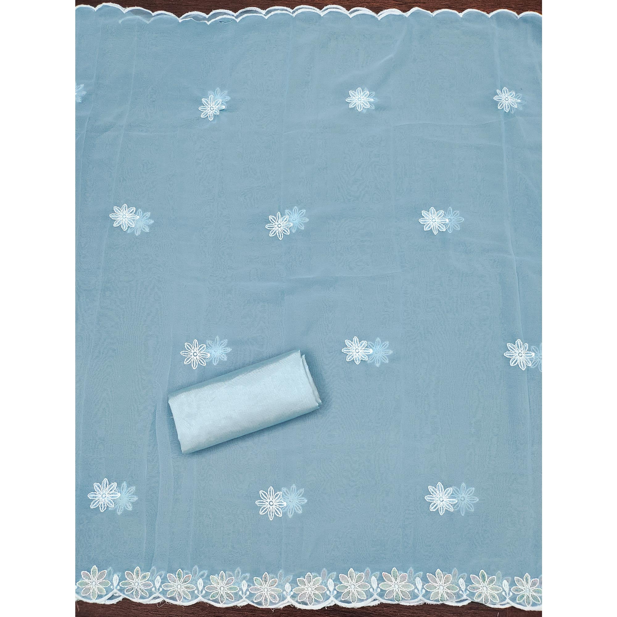 Sky Blue Georgette Dress Material Highlighted With Paisley & Floral Thread Embroidery